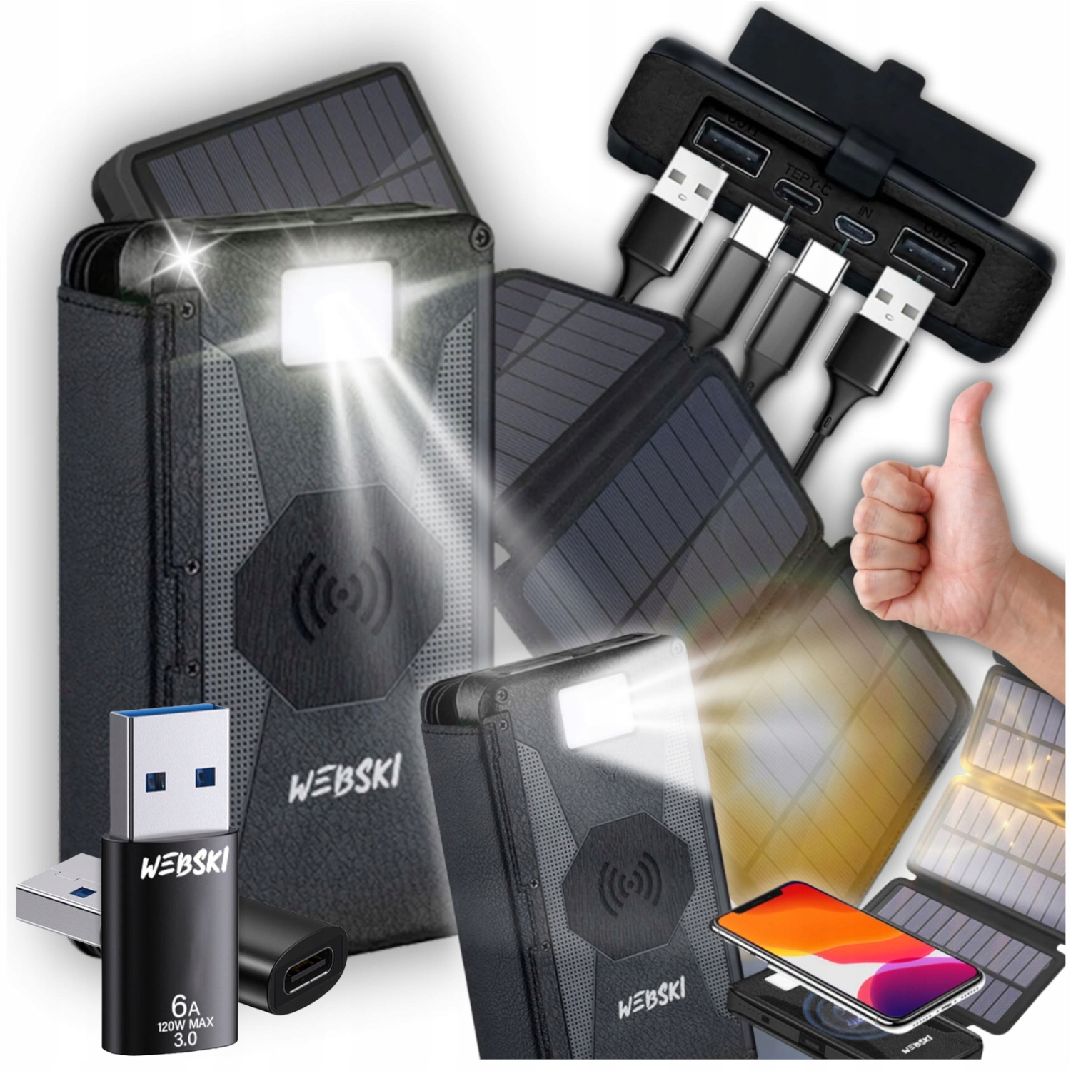 Výkonná Solární Powerbanka 20000 mAh Solární Nabíječka Bezdrátová Indukce