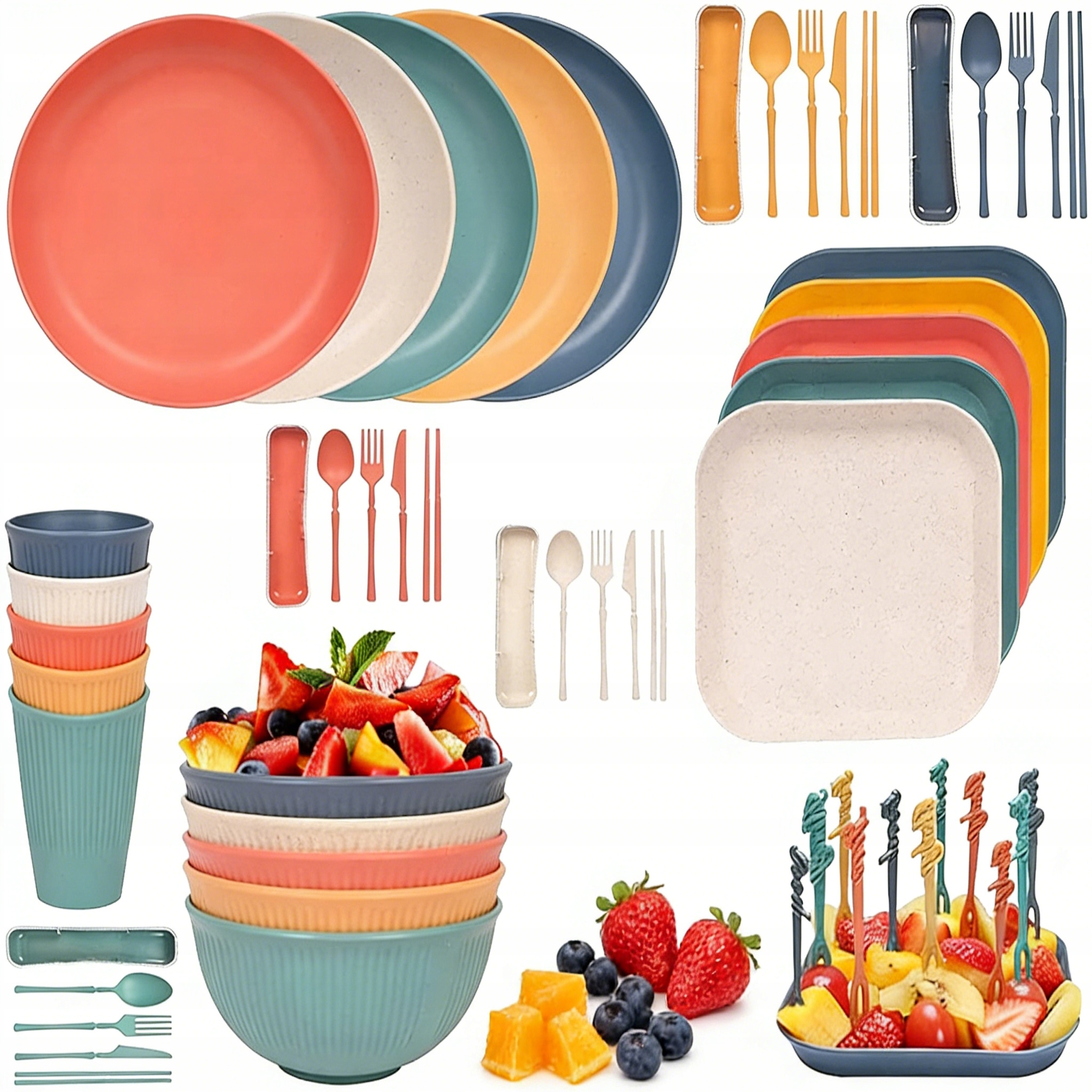 52 Szt Zestaw Piknikowy Kempingowy Naczynia Sztućce Turystyczne 5 Osób