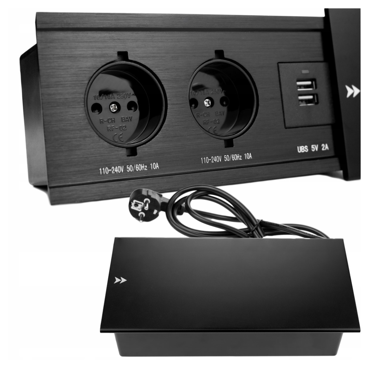 Zásuvka schovaná do desky 2x230V, nabíječka