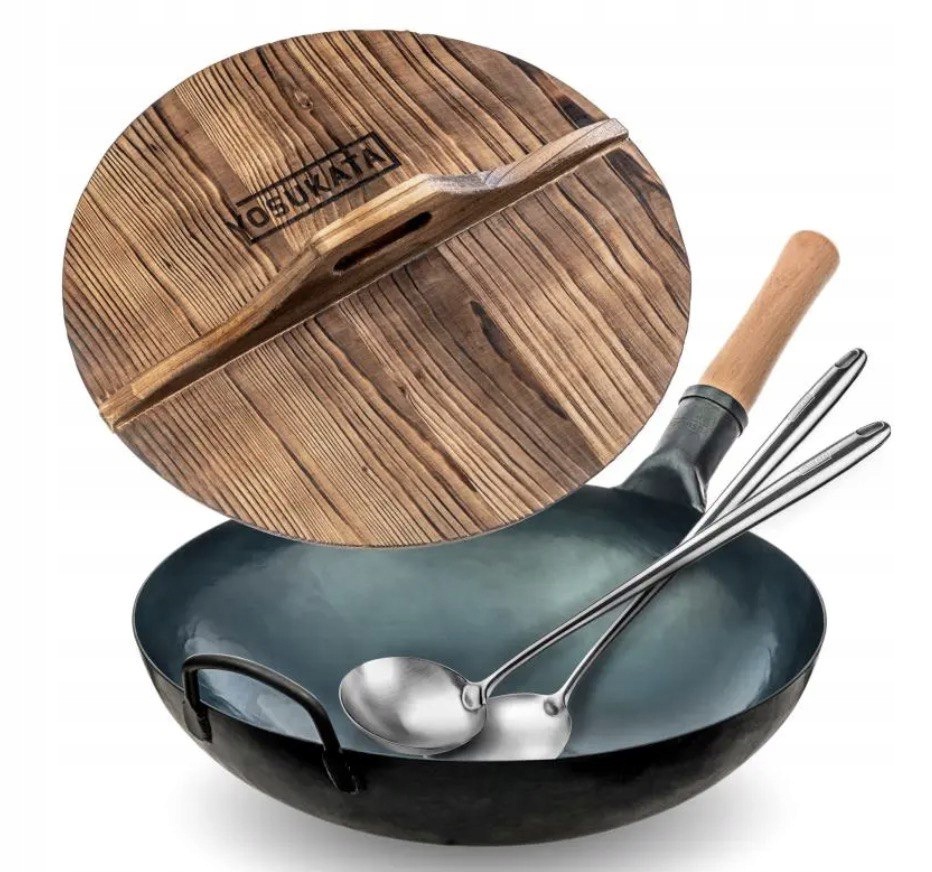 Yosukata Sada Wok 36 cm modrá, dřevěné víko, příslušenství, plyn