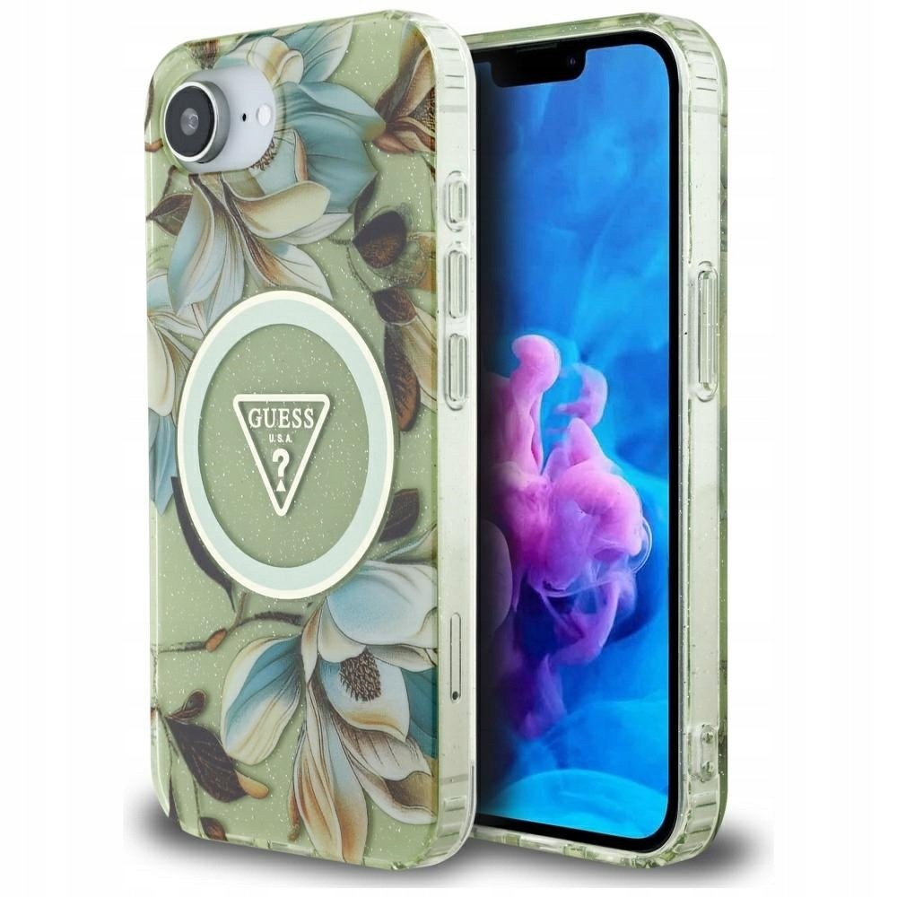 Etui Guess IML Metal Glitter Flowers Triangle MagSafe do iPhone 16e 17e z