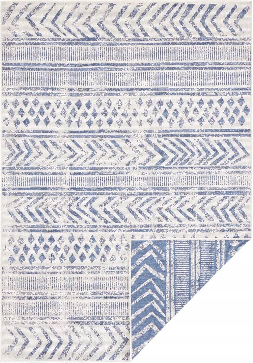 Koberec na terasu 200 x 290 cm, oboustranný, provázkový, modro krémový, plochý