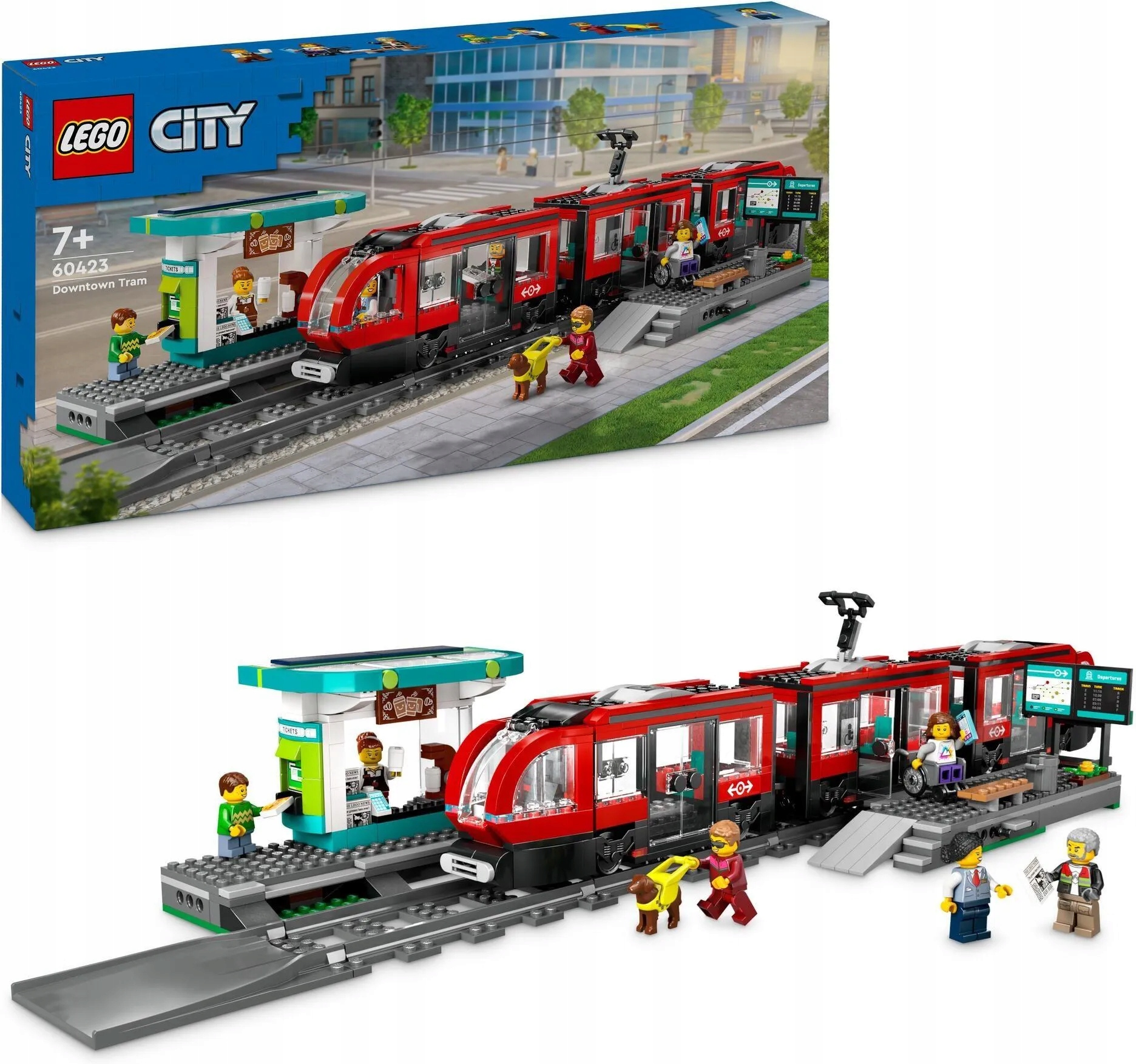 Lego 60423 Městská tramvaj červená s vlakovým nádražím a nástupištěm