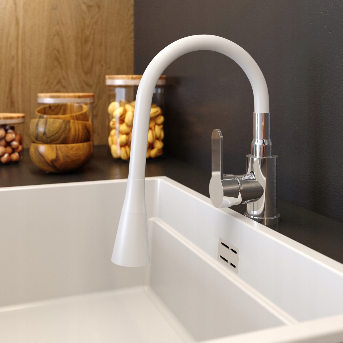 BATERIA KUCHENNA BIAŁA ELASTYCZNA WYLEWKA FLEXO KRAN CHROM GIĘTKA WYLEWKA Linia FLEXO