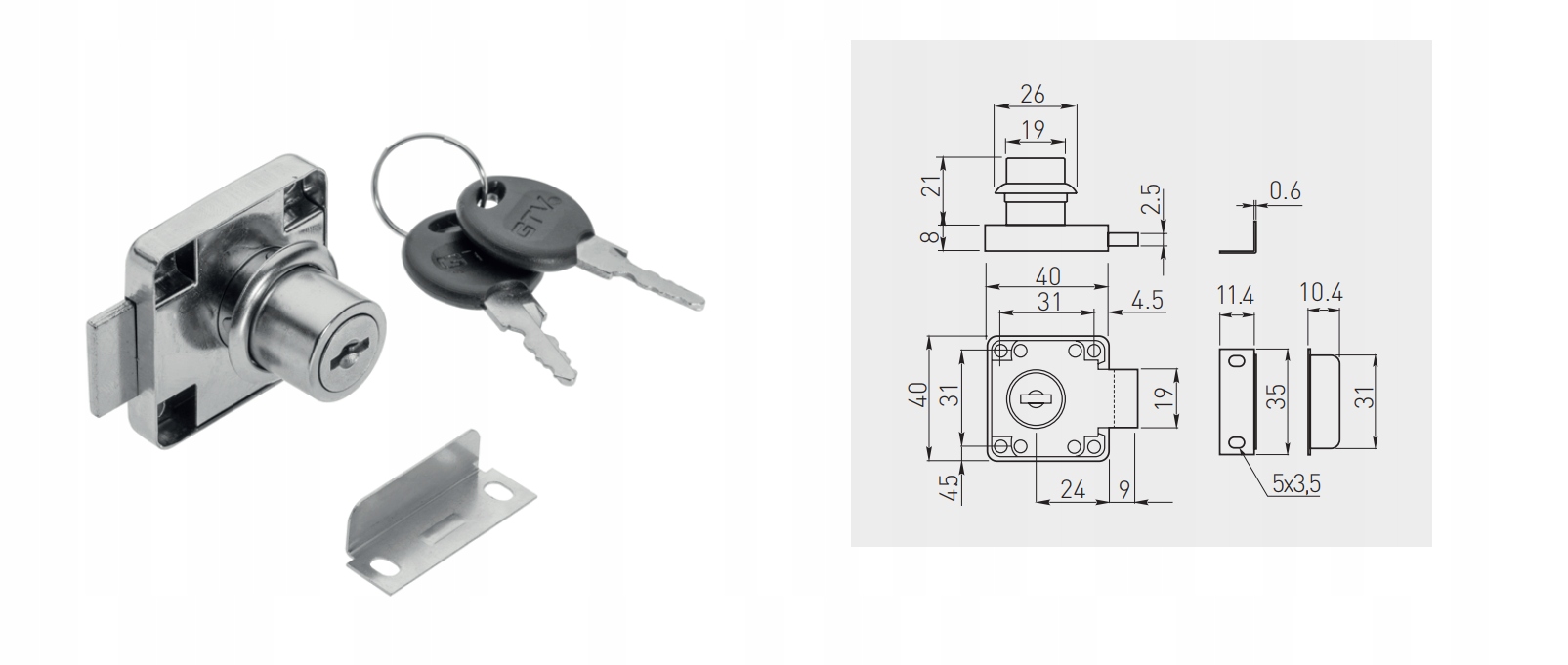 Zamek meblowy kwadratowy do barku/szafek 12 szt Długość 40 mm