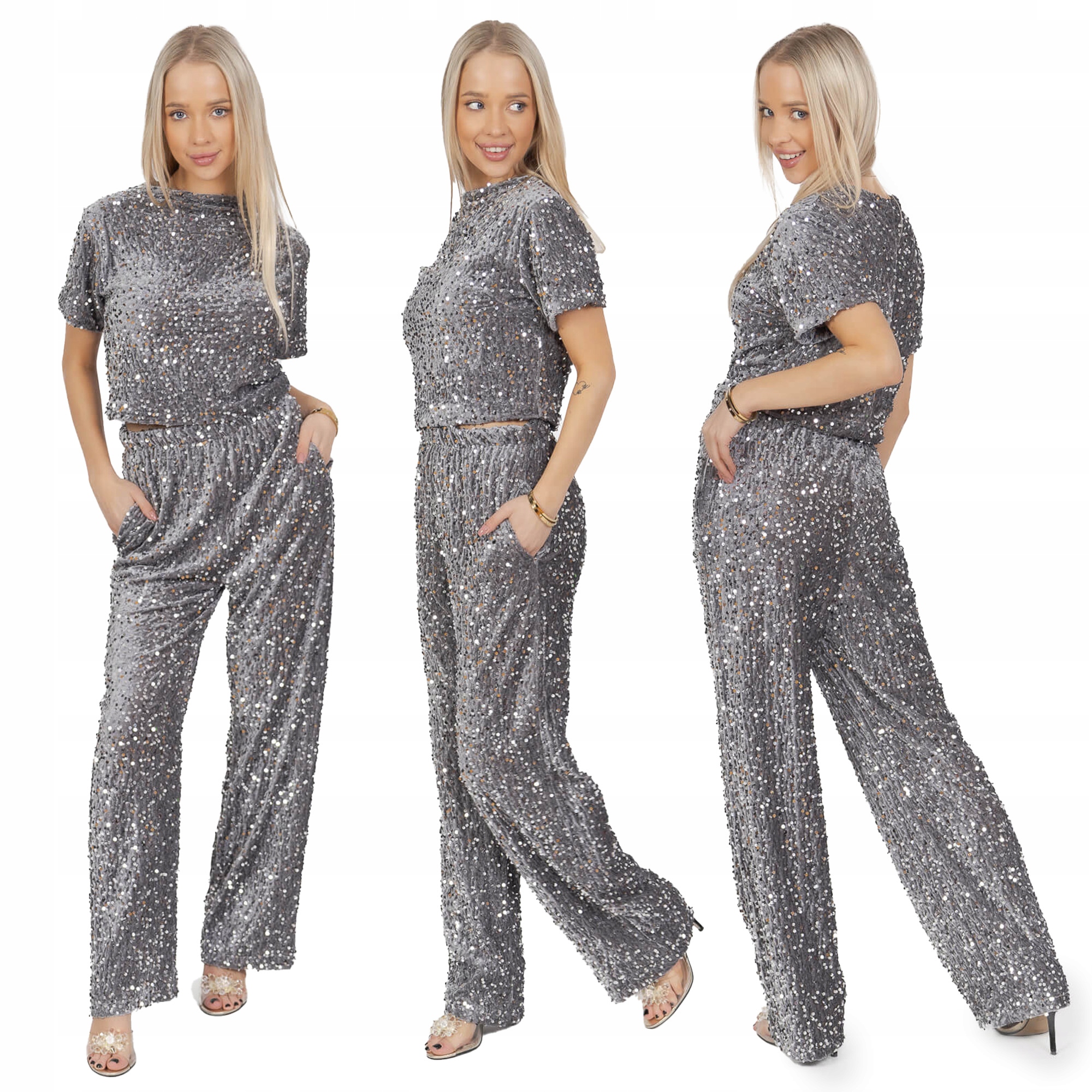 Elegantní velurové kalhoty s flitry a rovnými nohavicemi Šedé S/m