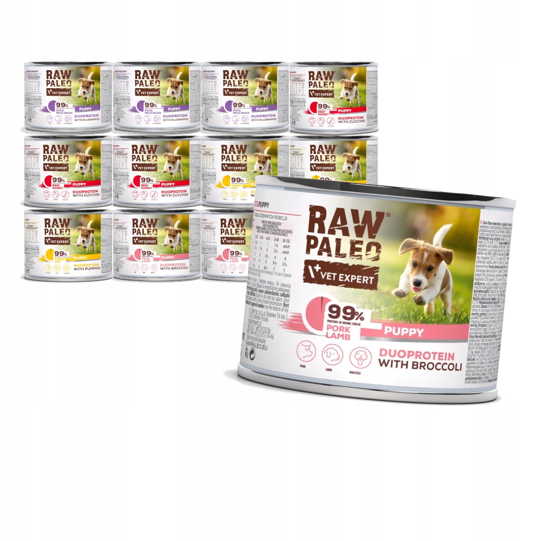 Levně Raw Paleo Puppy Duoprotein Mix Chutí 12x200g Vlhké Krmivo pro štěňata