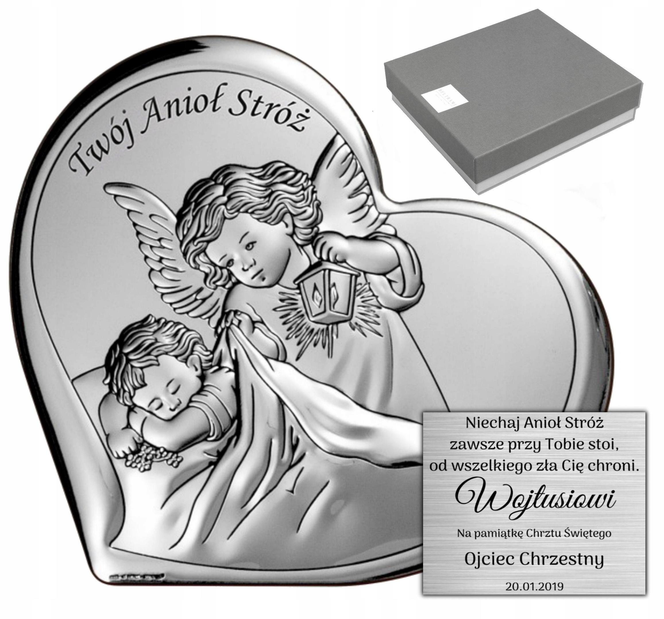Stříbrný Obrázek Anděl strážný Křest Gravírování