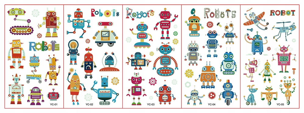 TATUAŻE ZMYWALNE KALKOMANIE ŚWIECĄCE W CIEMNOŚCI DLA DZIECI 5 ARKUSZY ROBOT Kod producenta YC-01-05