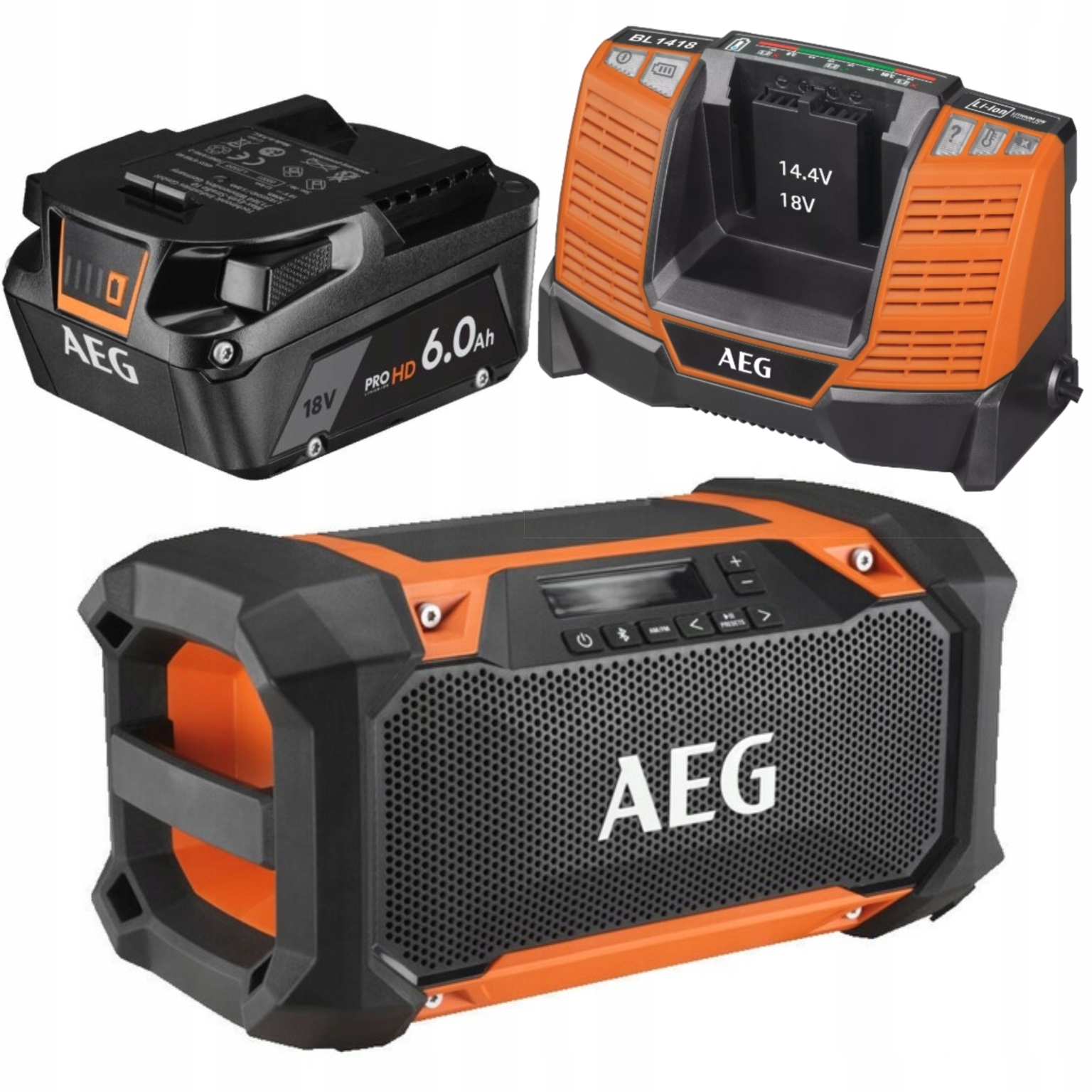 Aeg Dílenské rádio 18V Bt Am/fm nabíječka Aeg BL1418 Akumulátor 6.0 Ah