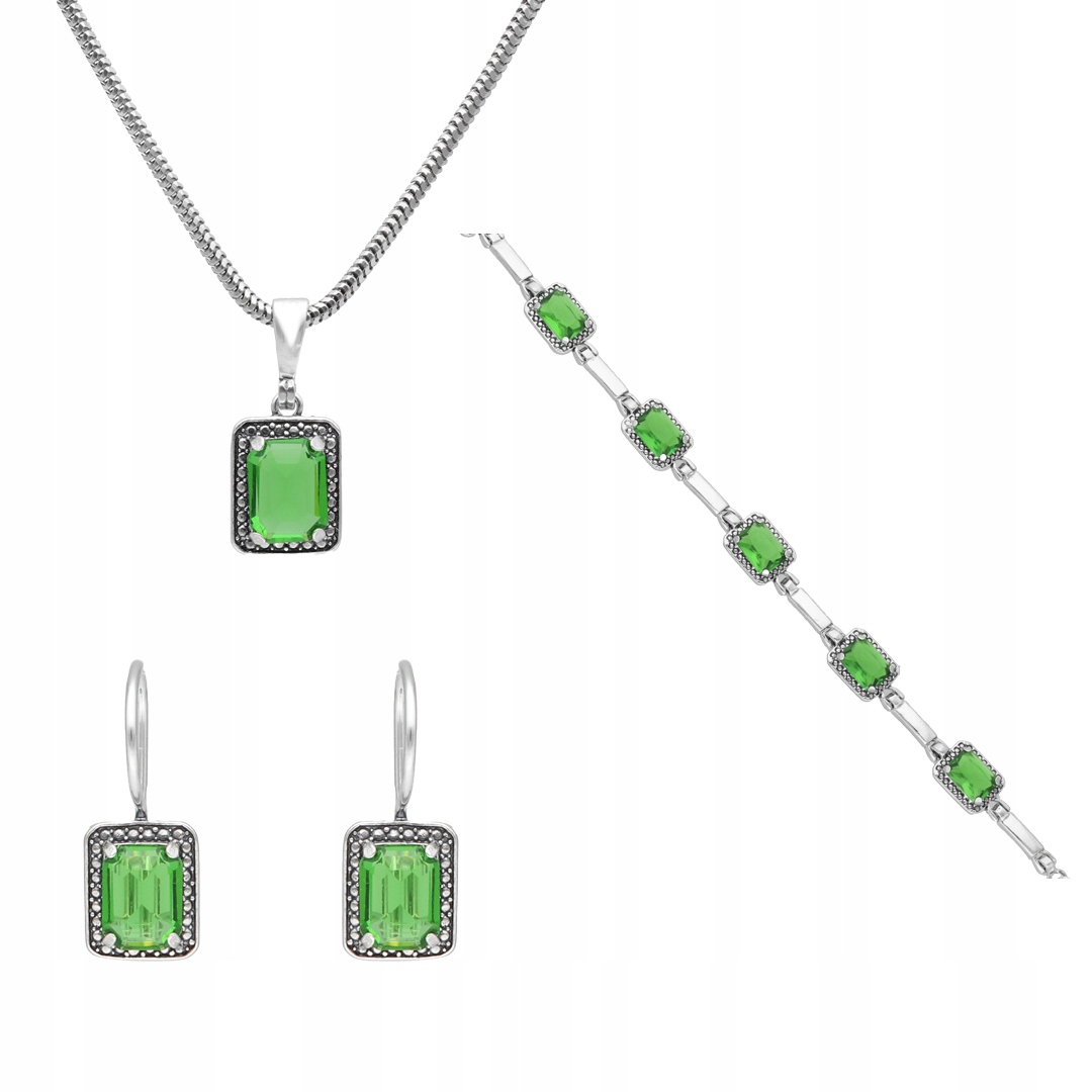 Komplet s obdélníkovými zelenými zirkony stříbro
