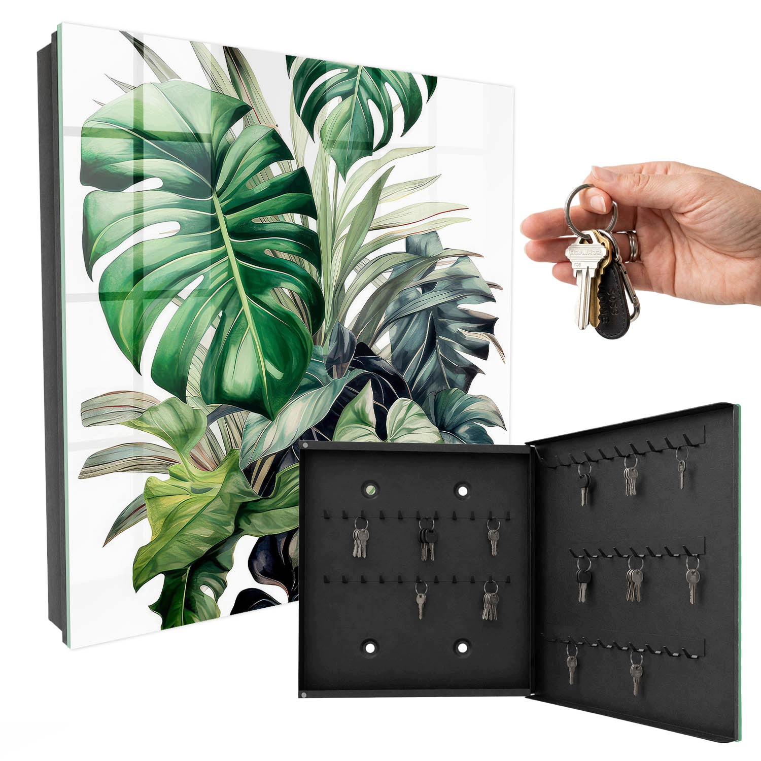 Skříňka na klíče na zeď Ozdobné listy Exotika Černá pravá 30x30 cm