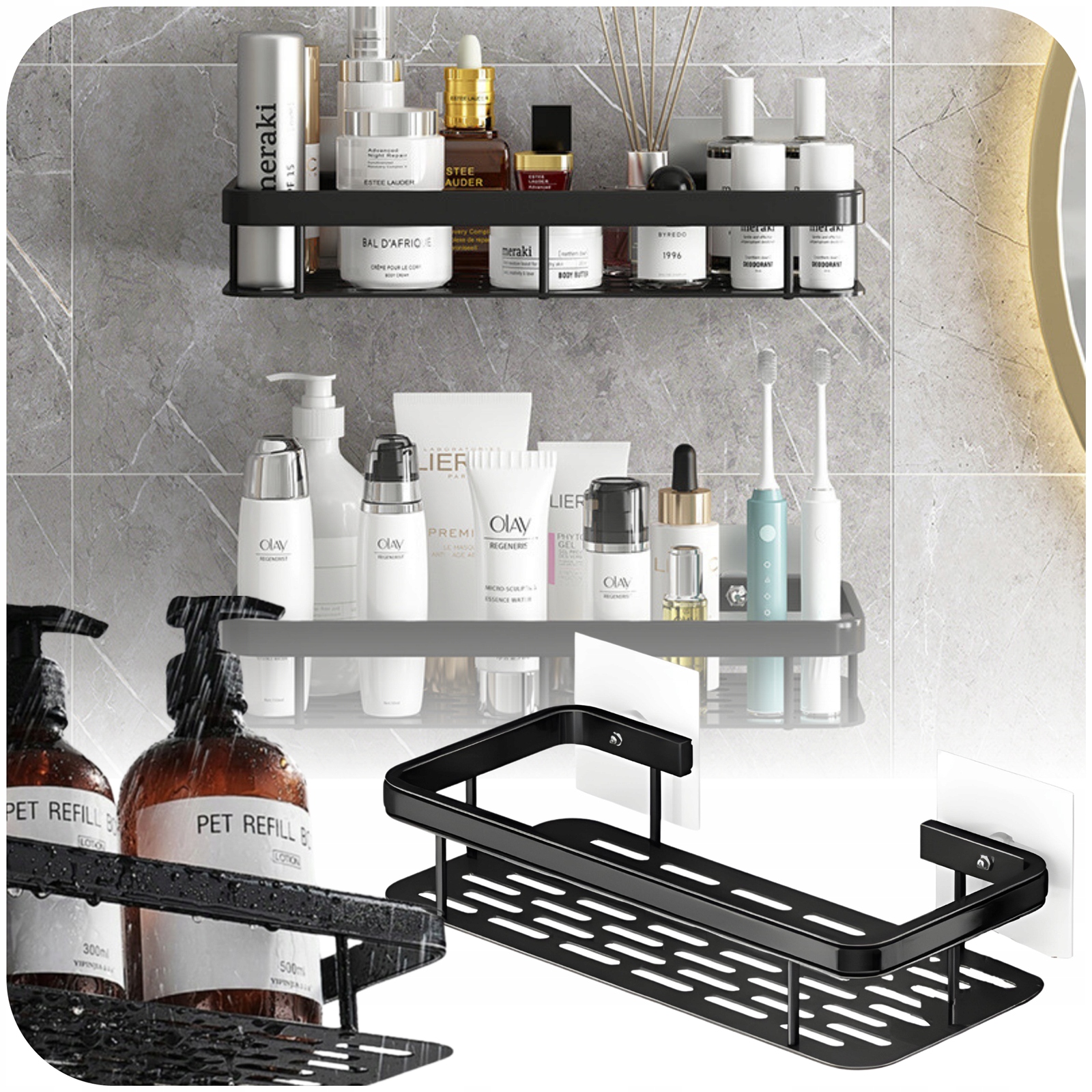 PÓŁKA ŁAZIENKOWA WISZĄCA METALOWA SAMOPRZYLEPNA CZARNA LOFT PÓŁKI 2 SZT Marka bez marki