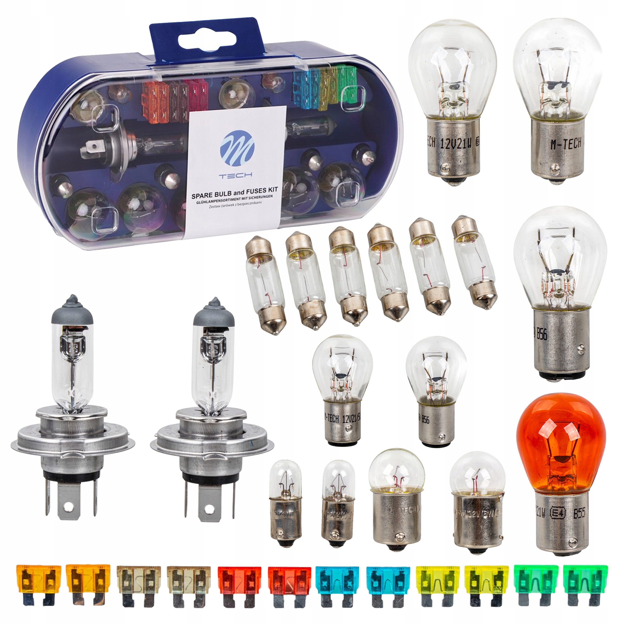 Żarówki 12V zestaw 30el. H4 P21W P21/5W bezpieczniki M-tech