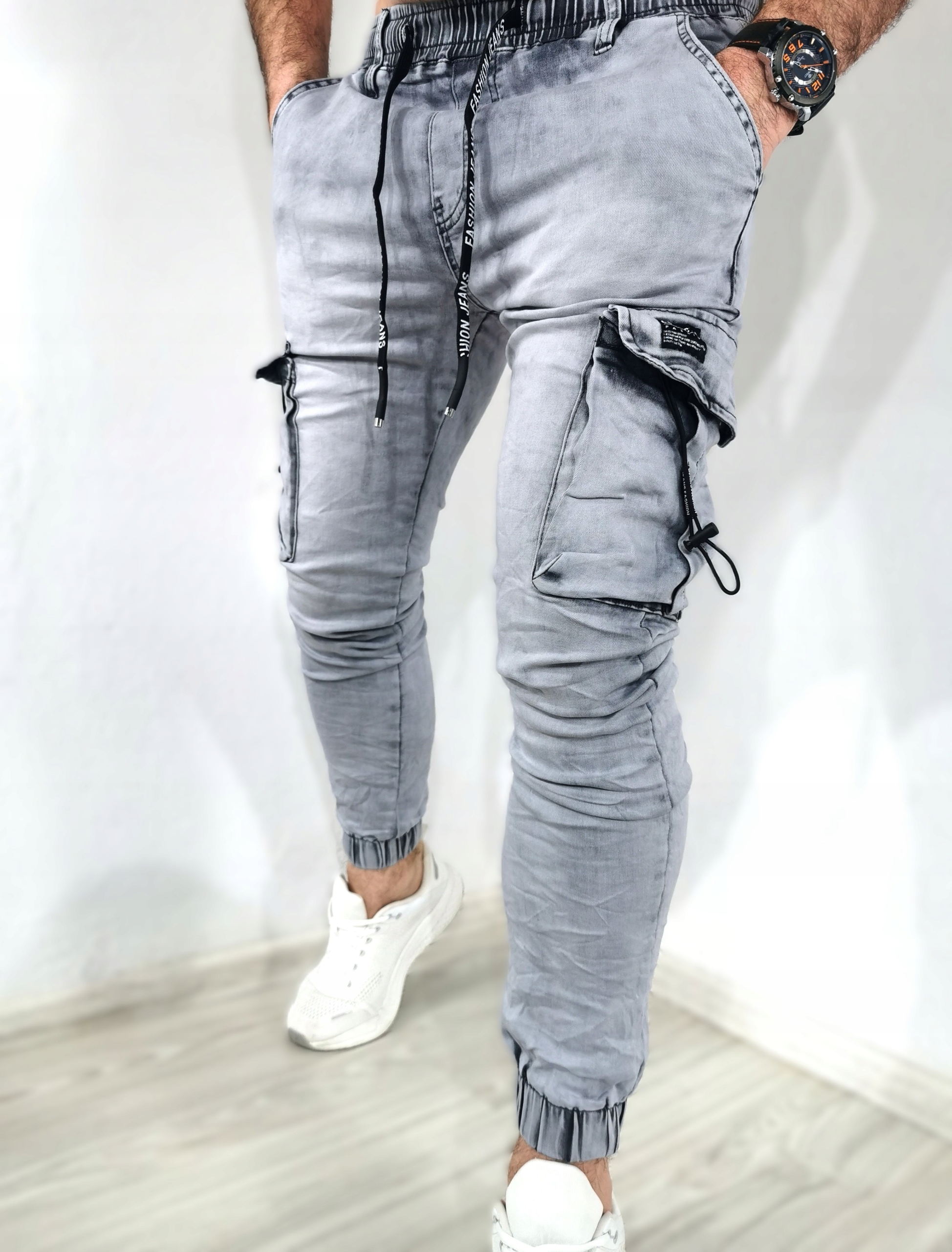 Spodnie jeansowe męskie joggery bojówki jasno szare Ts 34