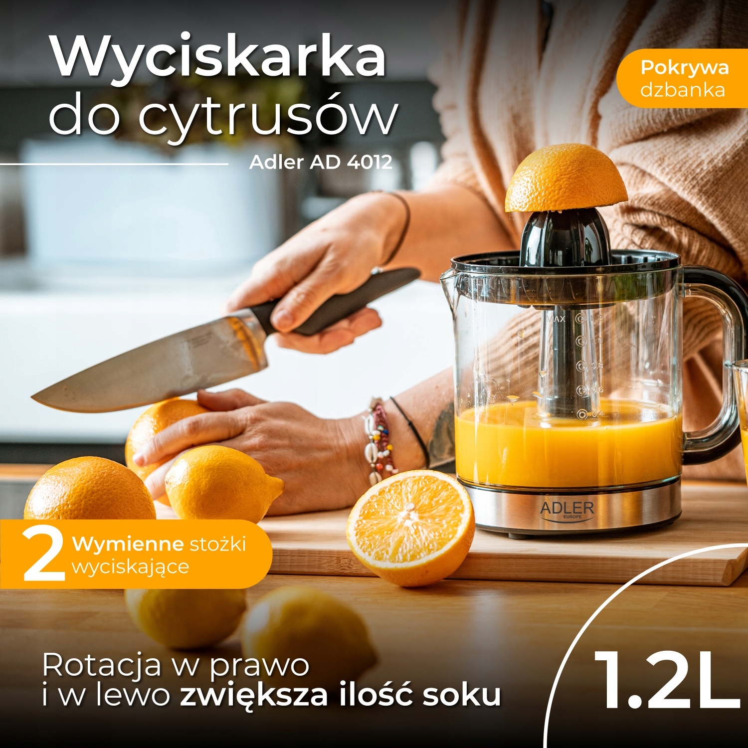 Wyciskarka do Cytrusów AD 4012 40W 1,2L Czarna 2 Stożki
