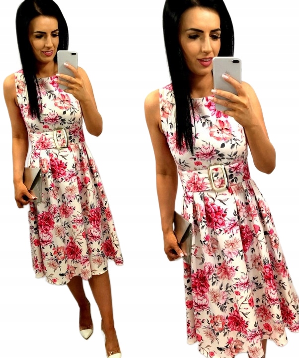 Šaty s květinami Rozšířená Midi Elegantní s páskem Svatební Hostina přijímání XL