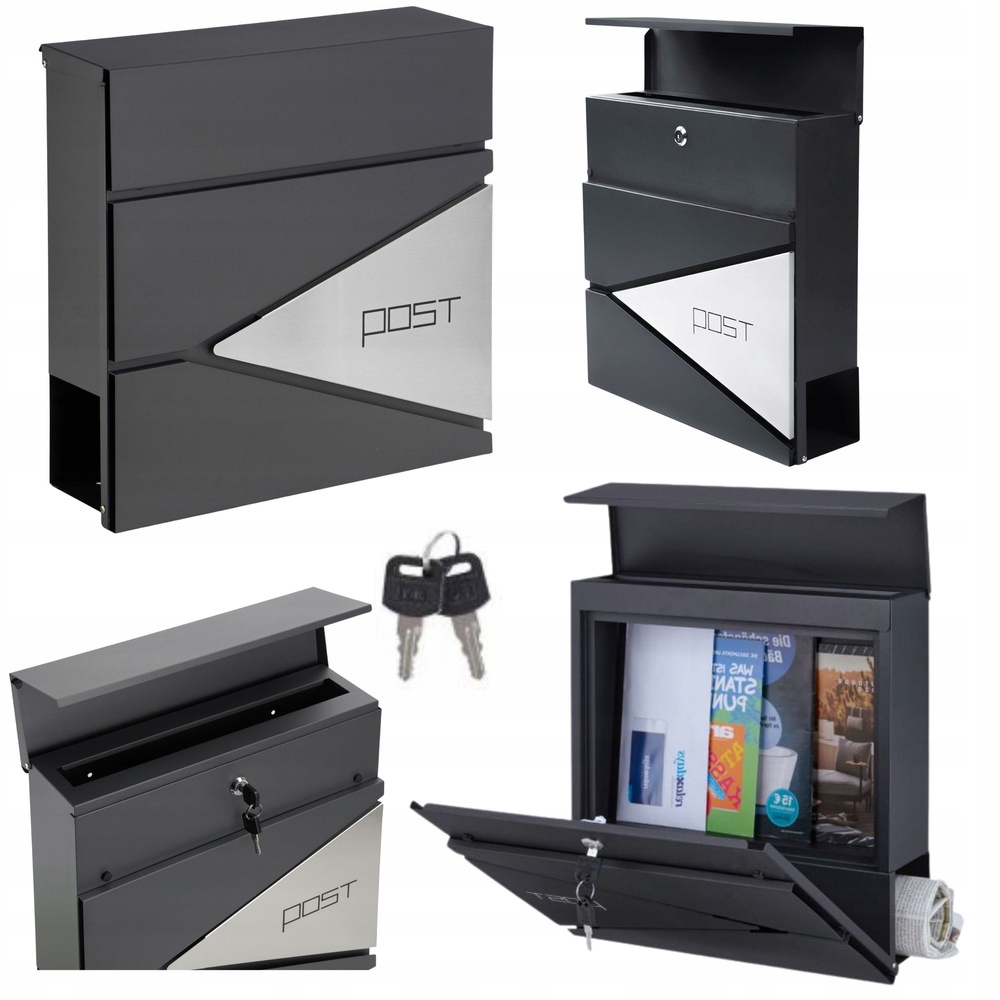 Velká poštovní schránka na dopisy, noviny, antracitová Nápis Post 37x37x10,5 cm