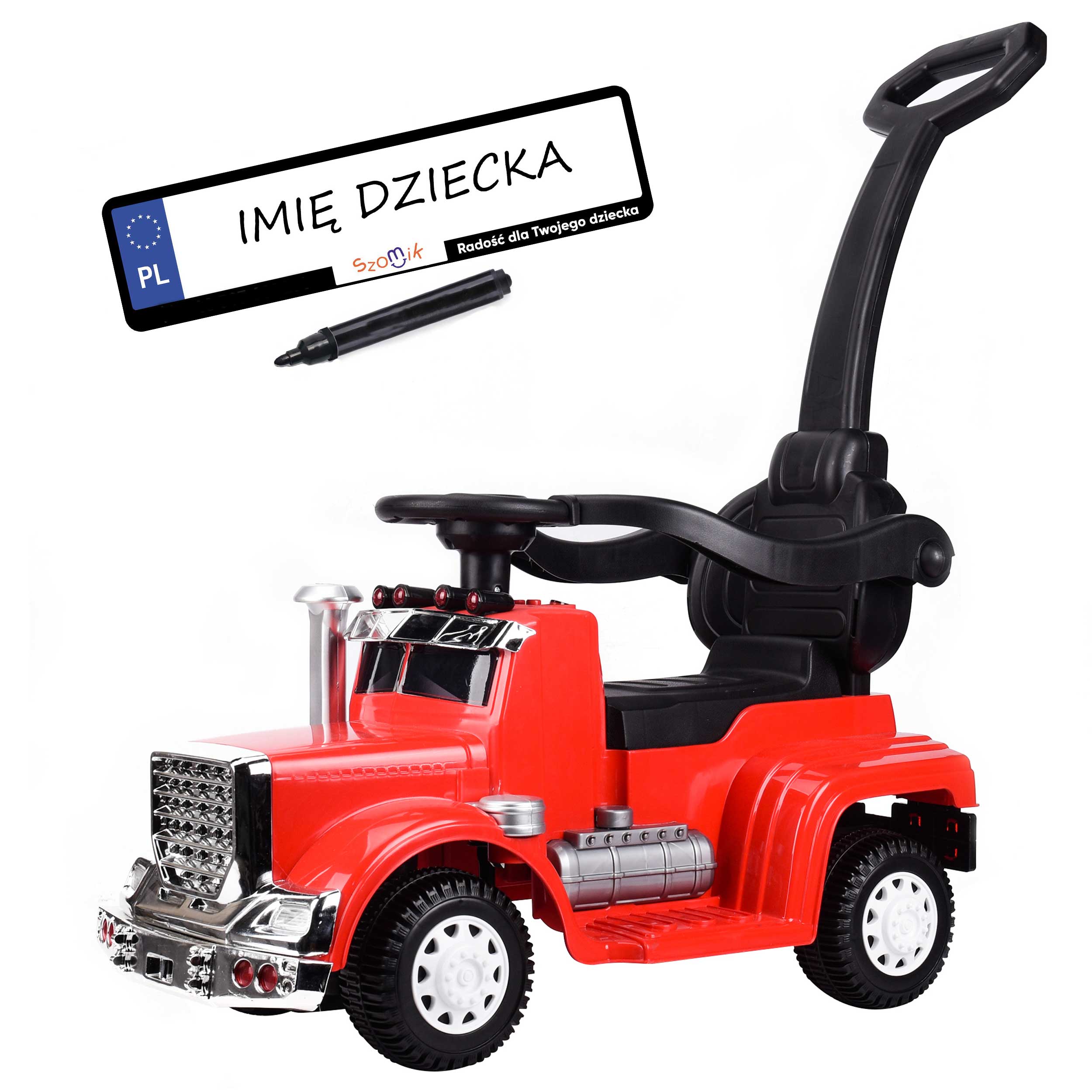 Jeździk ciężarówka dla dzieci – odpychacz z rączką i oparciem dźwięki