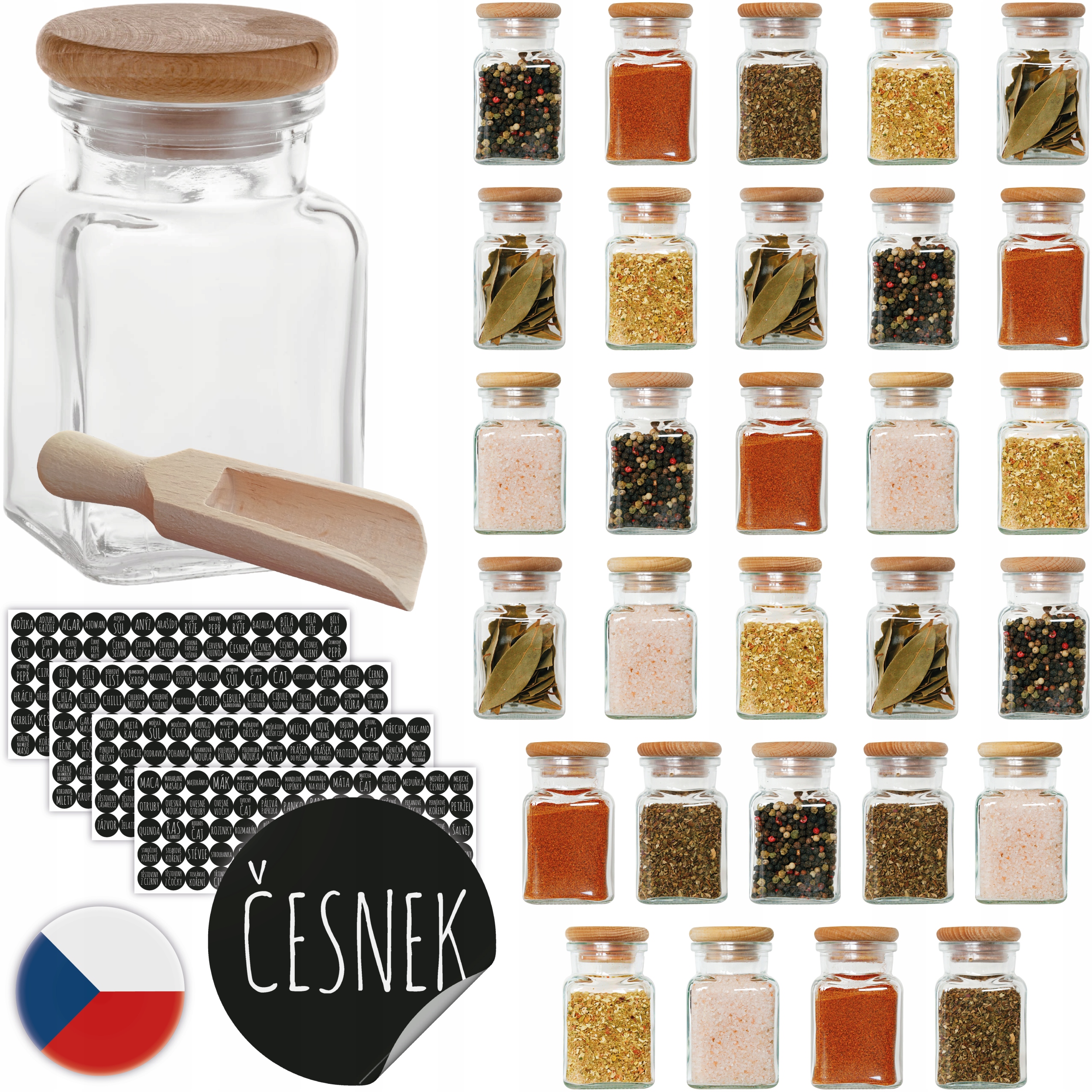 Kořenící Skleničky 150ml, 30 kusů, s lopatkou, Czech Nálepky na koření 308