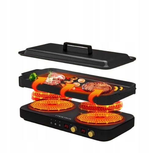 Płyta Indukcyjna Przenośna 2 Palniki Patelnia Pokrywa Żeliwna Cooktron