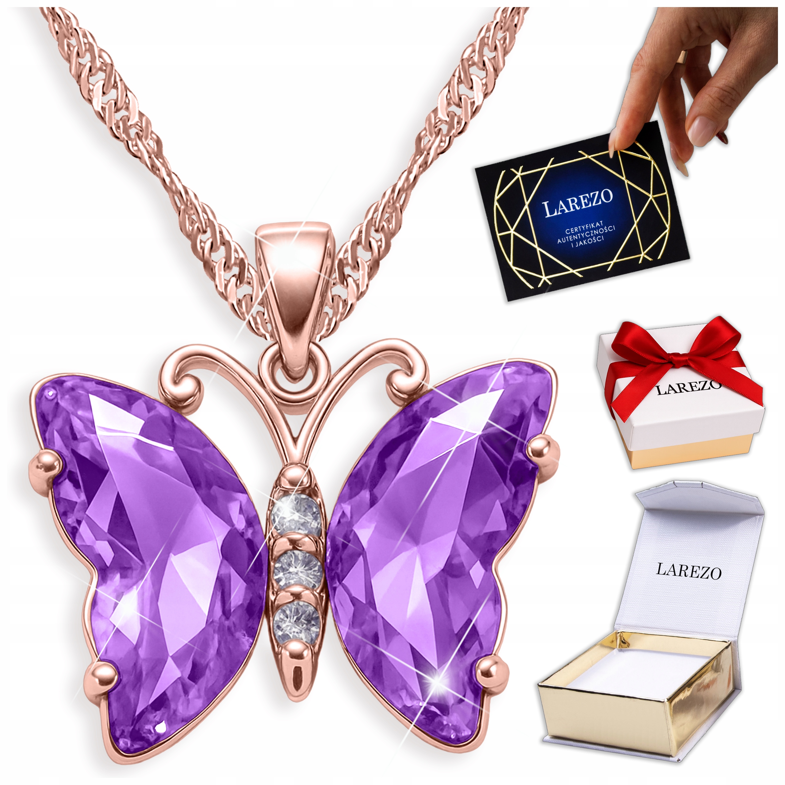Náhrdelník s motýlem Pozlácený 750 Fialový Křišťál Motýlek Stříbro 925