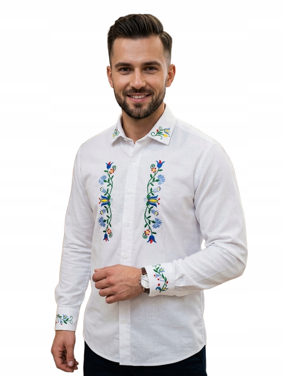 Męska Koszula Kaszubska z Tradycyjnym Haftem Ecru S