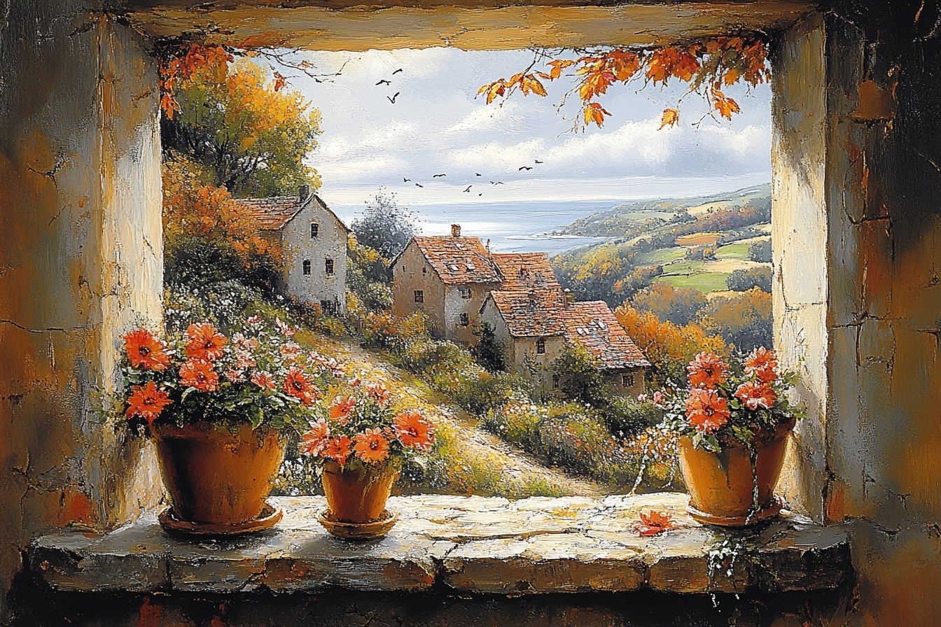 Obraz Na Plátně Canvas Okno Terasa Pohled Na Jaro Krajina Hory Moře 120x80