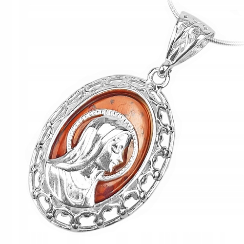 Matka Boží stříbrný přívěsek medailon s Baltský Jantar stříbro 925 Marie