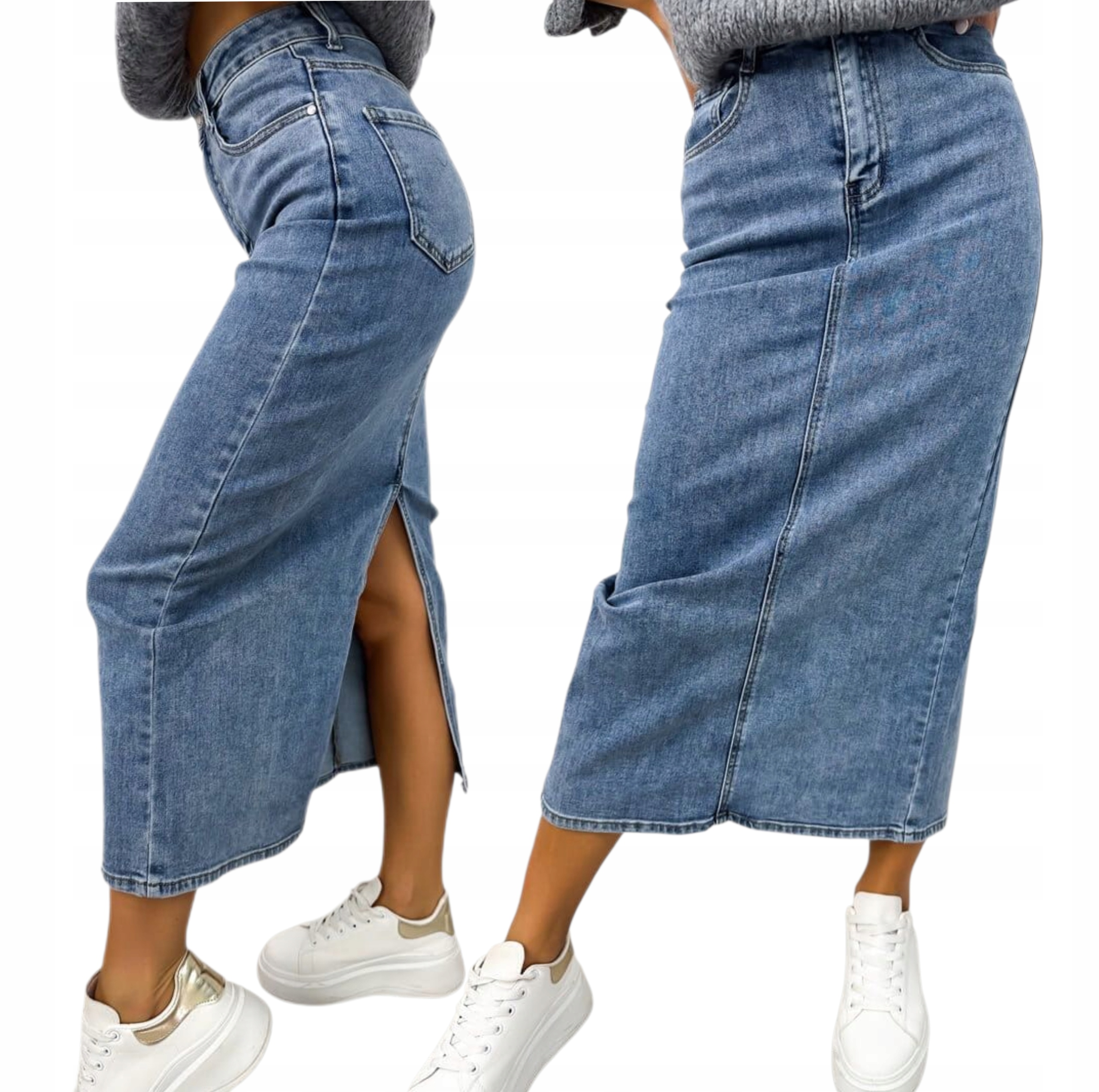 Módní Džínová Sukně S Rozpirákem, ceruzkový midi střih vel. L 40, modrá