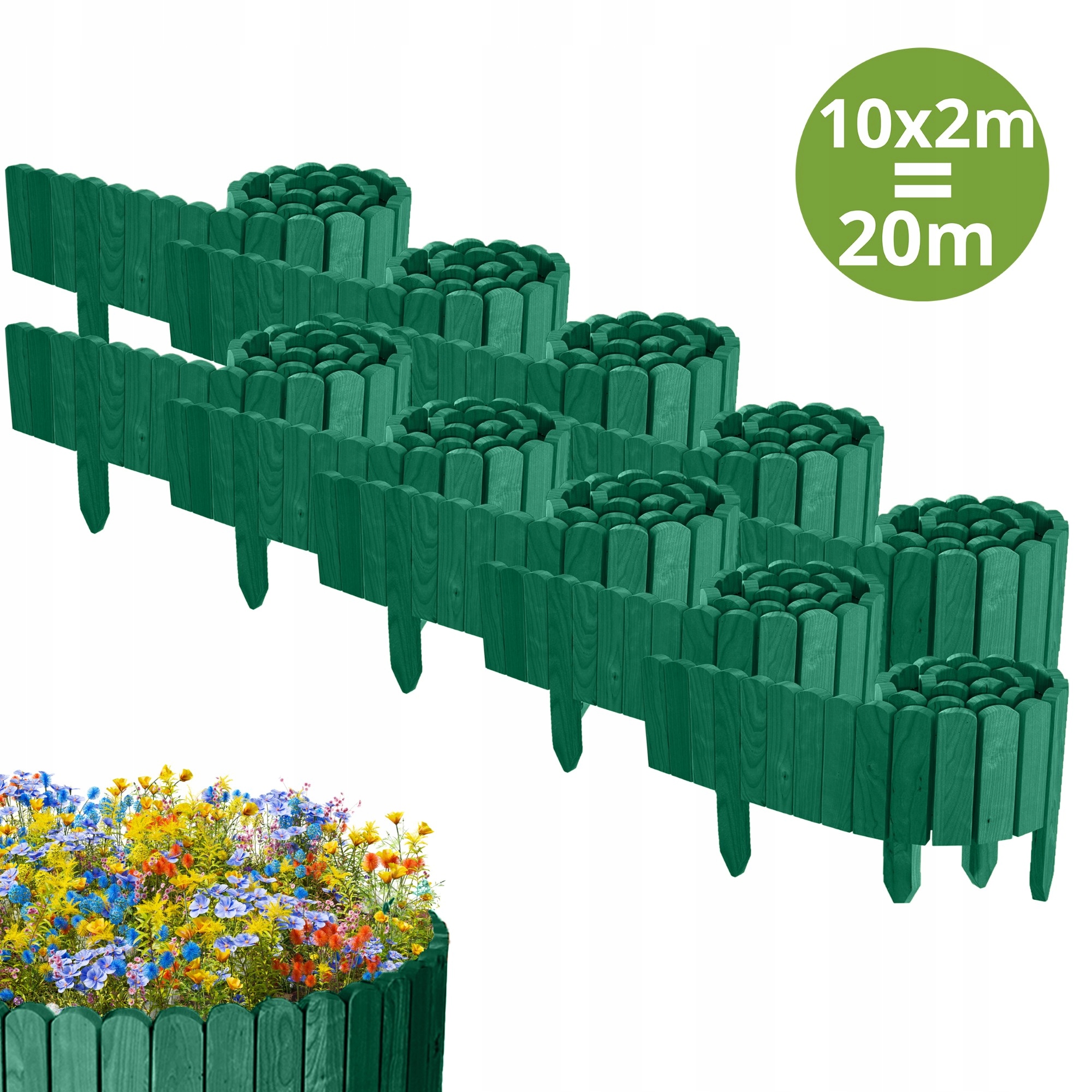 Plot Zahradní dřevěný, borovicový 2000 cm (10 x 200 cm) výška 10 cm, zelený