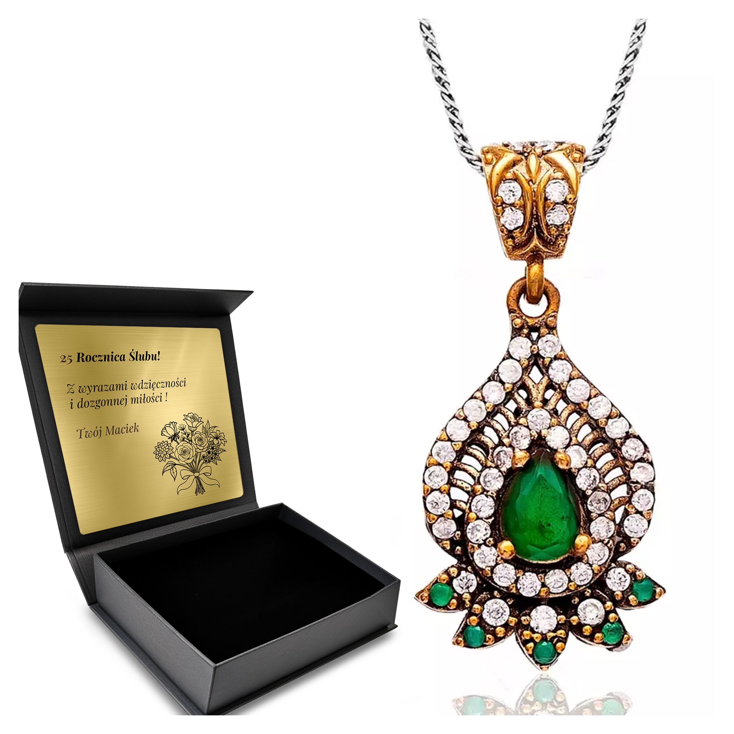 Stříbrný Náhrdelník 925 Zirkony Smaragd Šperky Pro Ženy Gravírování