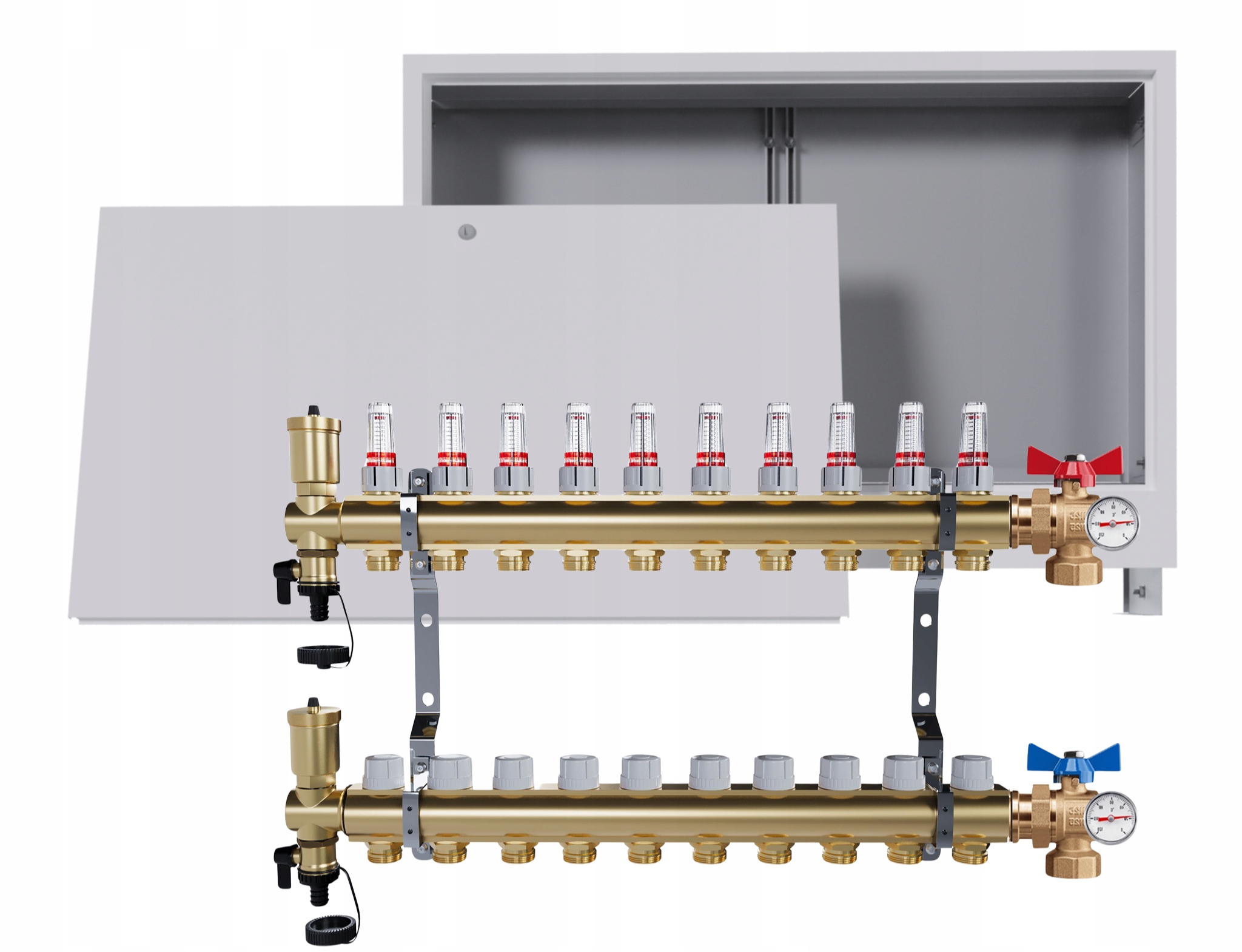 Rozdělovač Pro Podlahovou Krytinu 10 Okruhů Kulový Ventil Teploměr Krabička