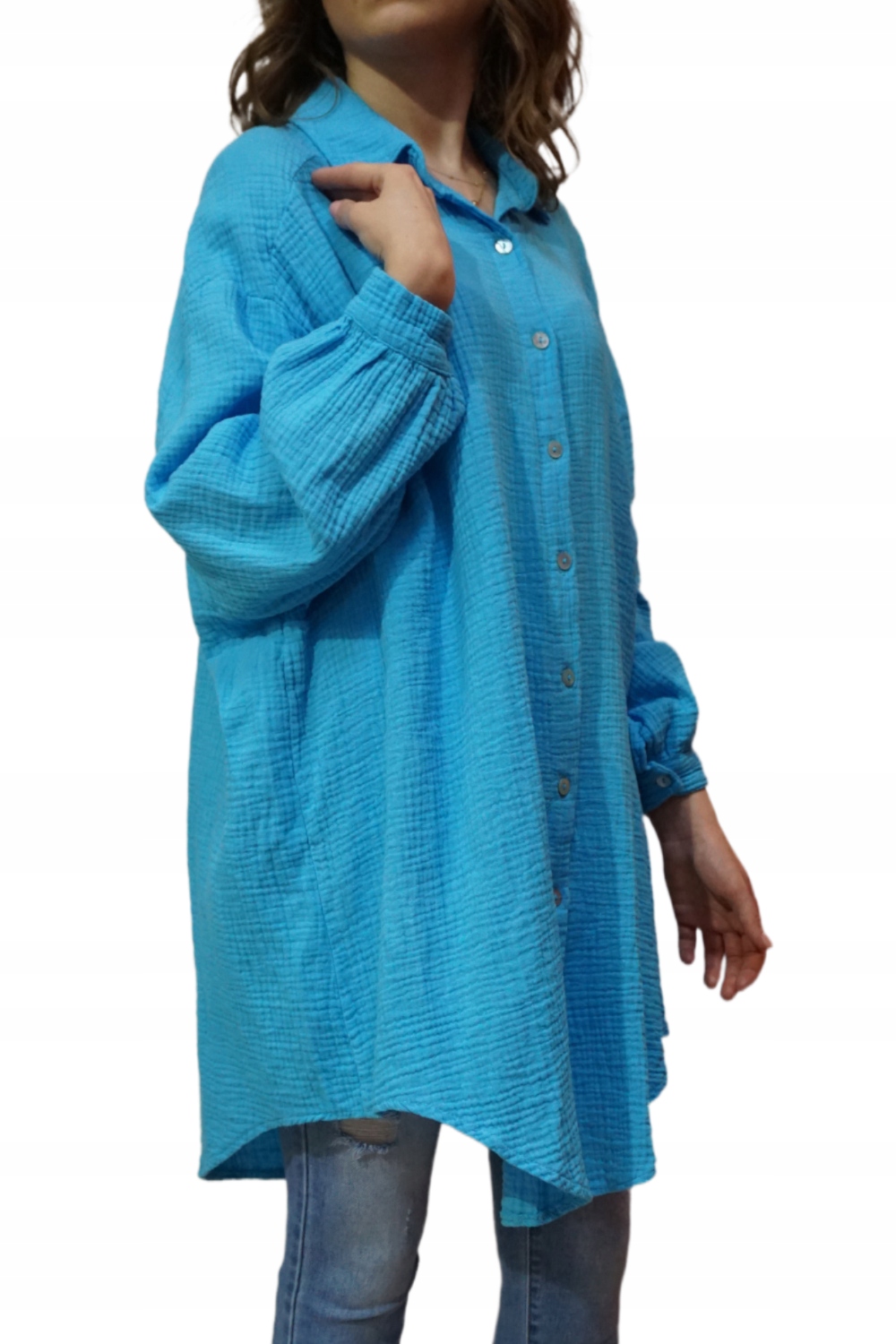 KOSZULA MUŚLINOWA DŁUGA LUŹNA OVERSIZE TUNIKA DAMSKA DŁUGI RĘKAW BŁĘKITNA Model KOSZULA MUŚLINOWA DŁUGA LUŹNA OVERSIZE TUNIKA