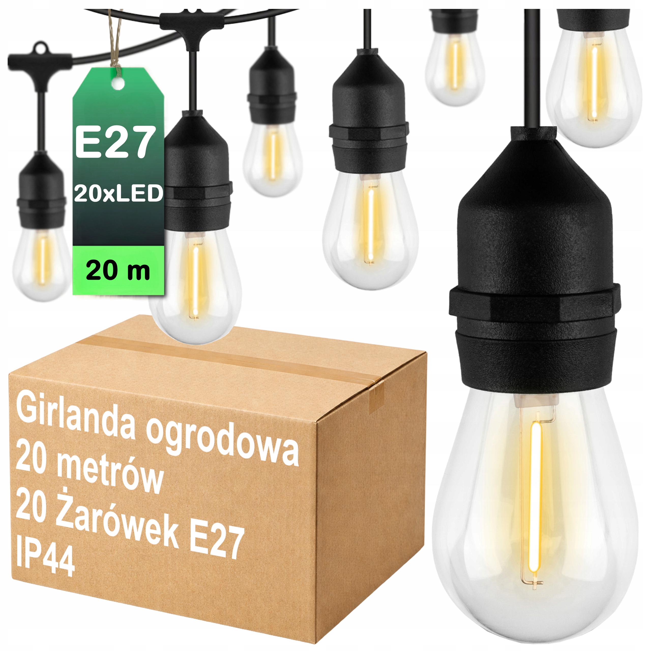 GIRLANDA OGRODOWA 20M ŚWIETLNA ŻARÓWKI 20LED ZEWNĘTRZNA LAMPKI E27 IP44