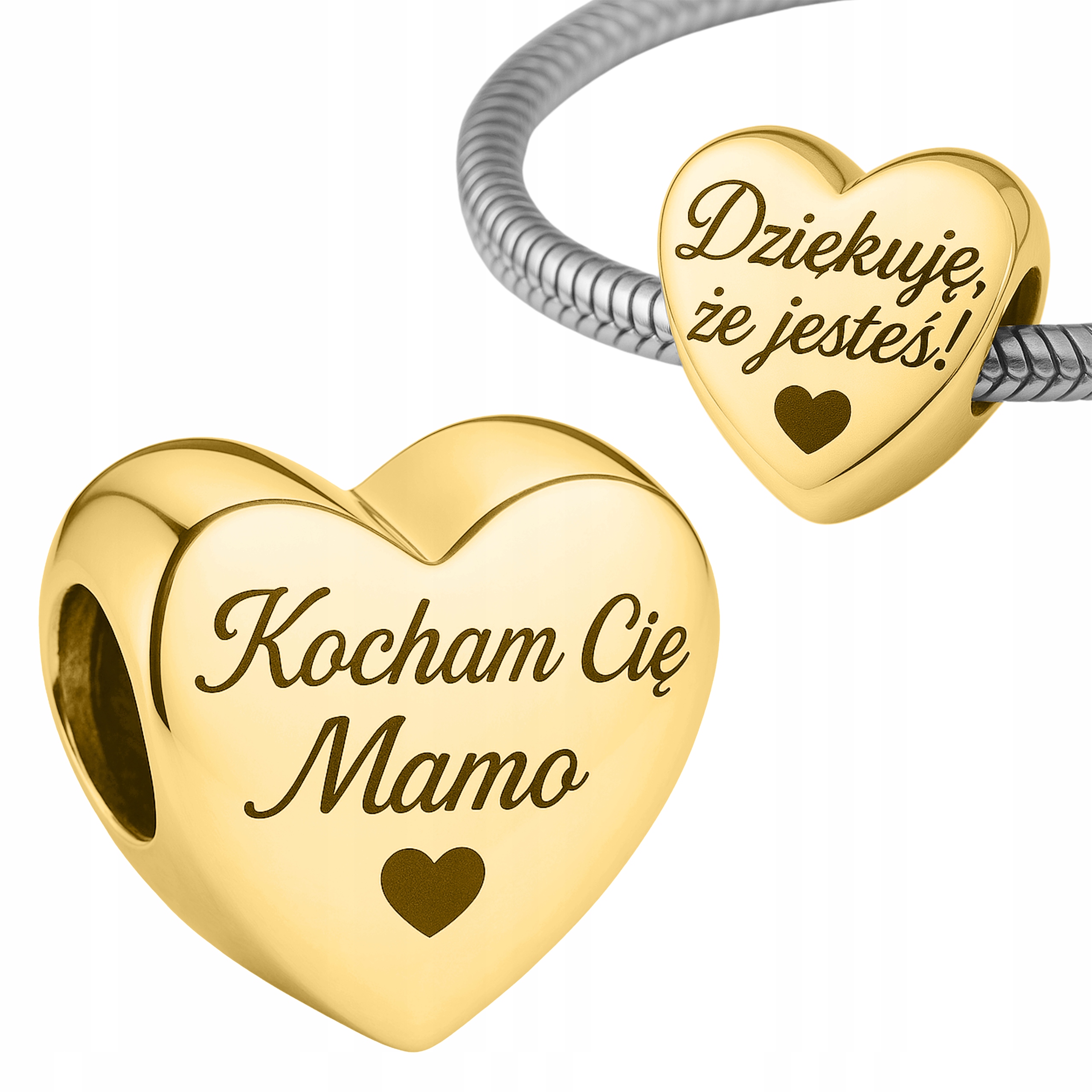 Zlaté Charms Srdce s gravírováním Děkuji, že jsi, miluji tě, mami, Stříbro 925