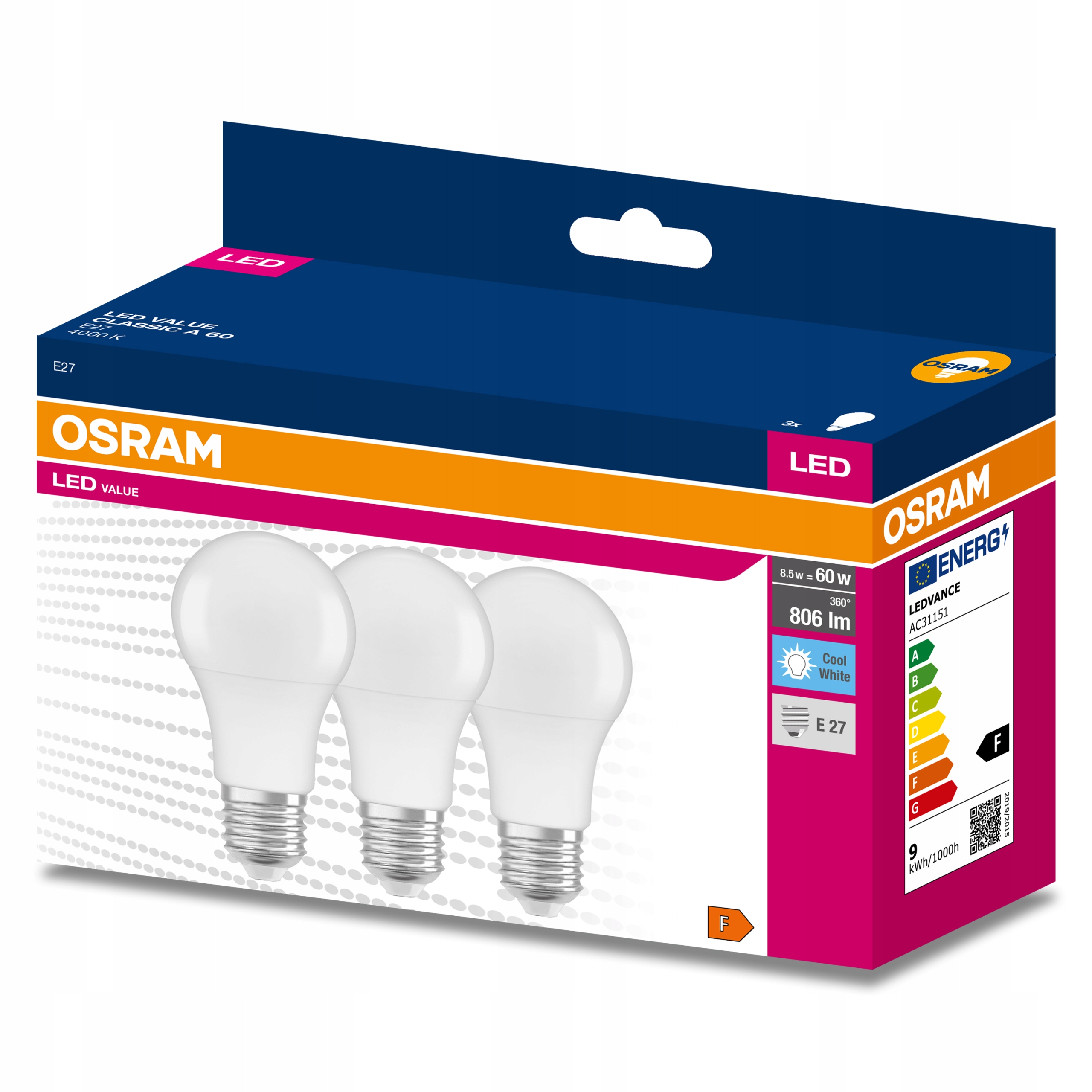

3x Żarówka Led E27 A60 8,5W 60W 806lm 4000K Osram