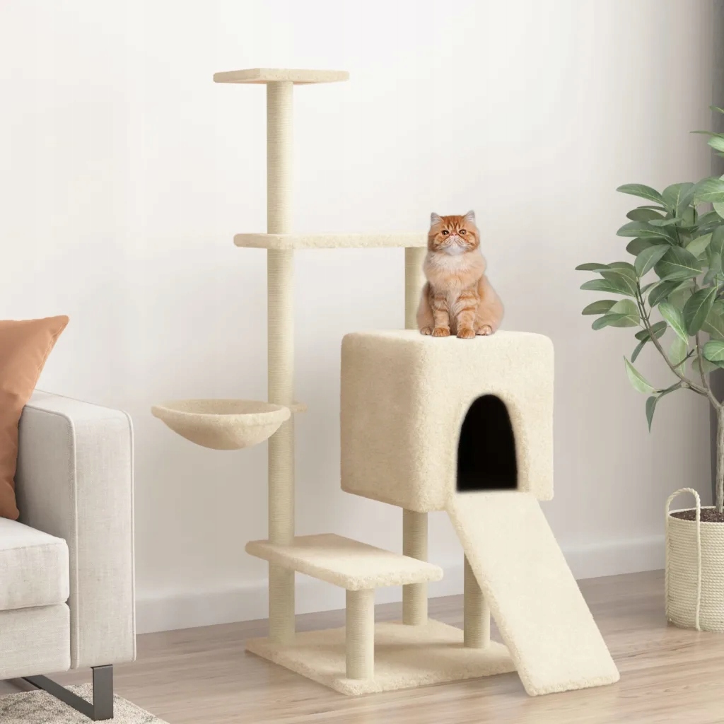Levně Škrabadlo pro kočky se sisalovými sloupky krémové 130,5 cm
