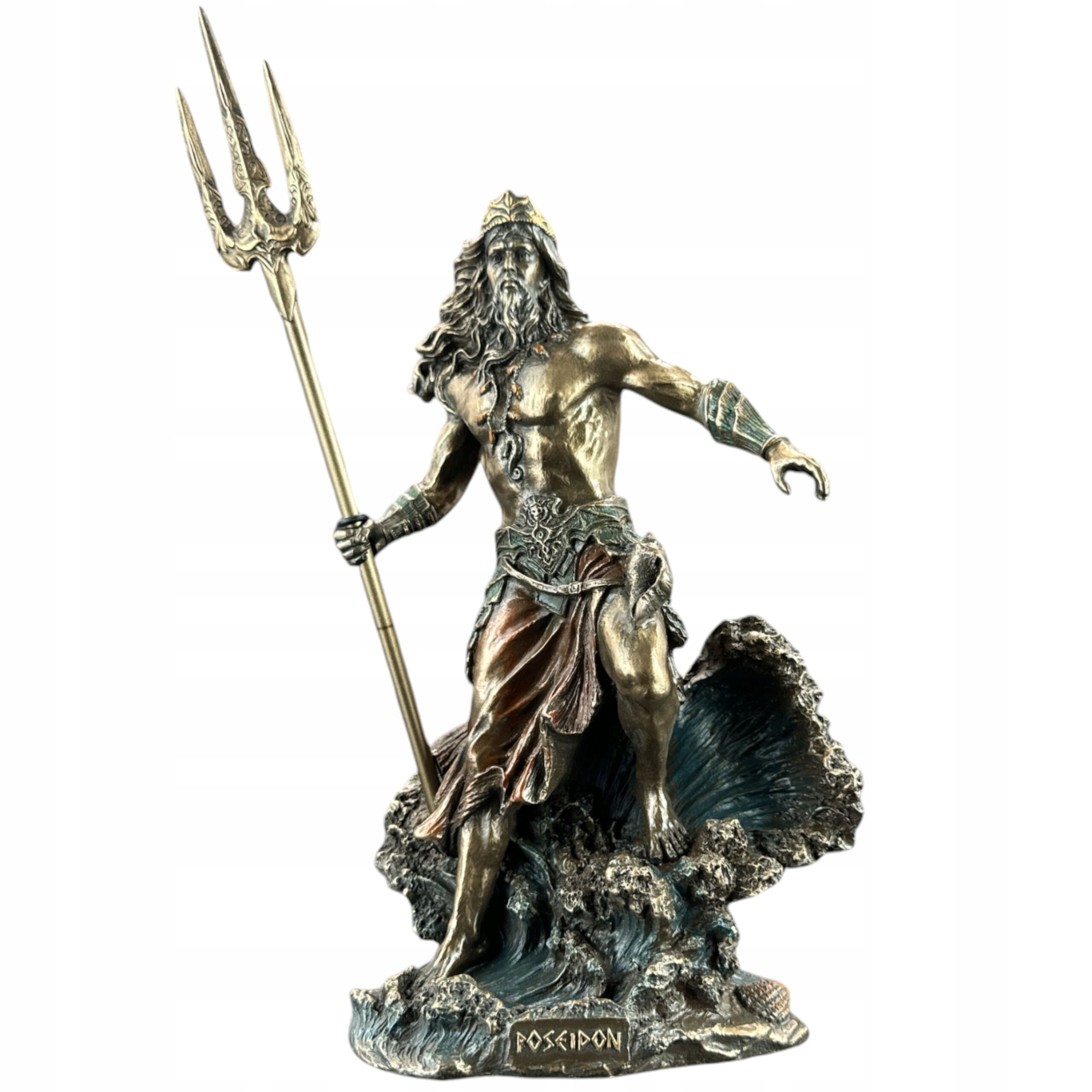 Figúrka Grécky boh mora Poseidon na vlnách s trojzubcom Veronese WU77315A4