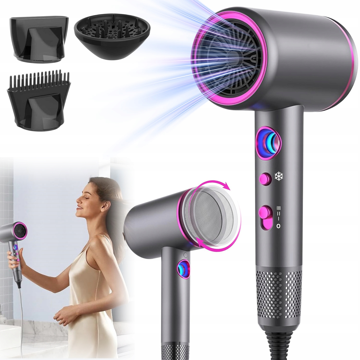 Fén Vlasů Dryer 2400W 3 Rychlosti Ionizace Difuzér Ergonomic