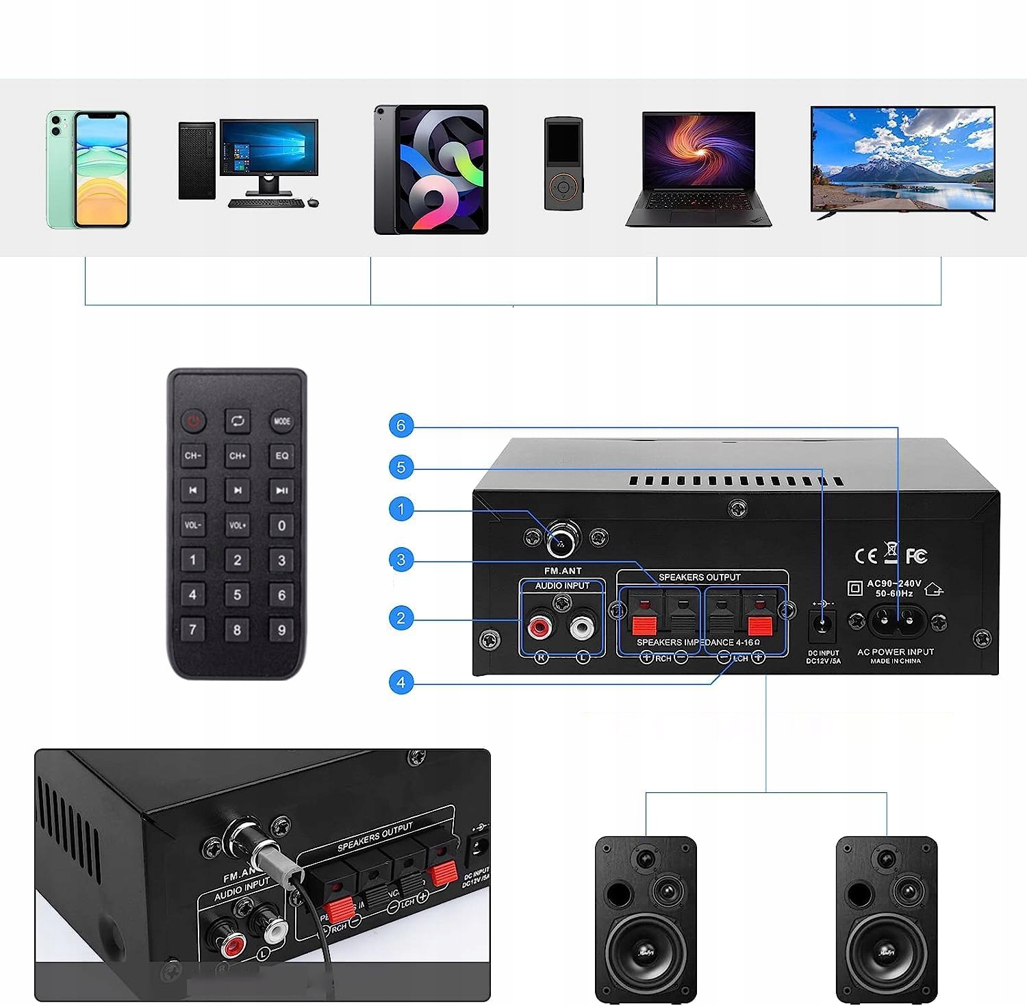WZMACNIACZ DO KOLUMN HIFI BLUETOOTH RADIO FM 40W+PILOT AK45 Komunikacja Bluetooth