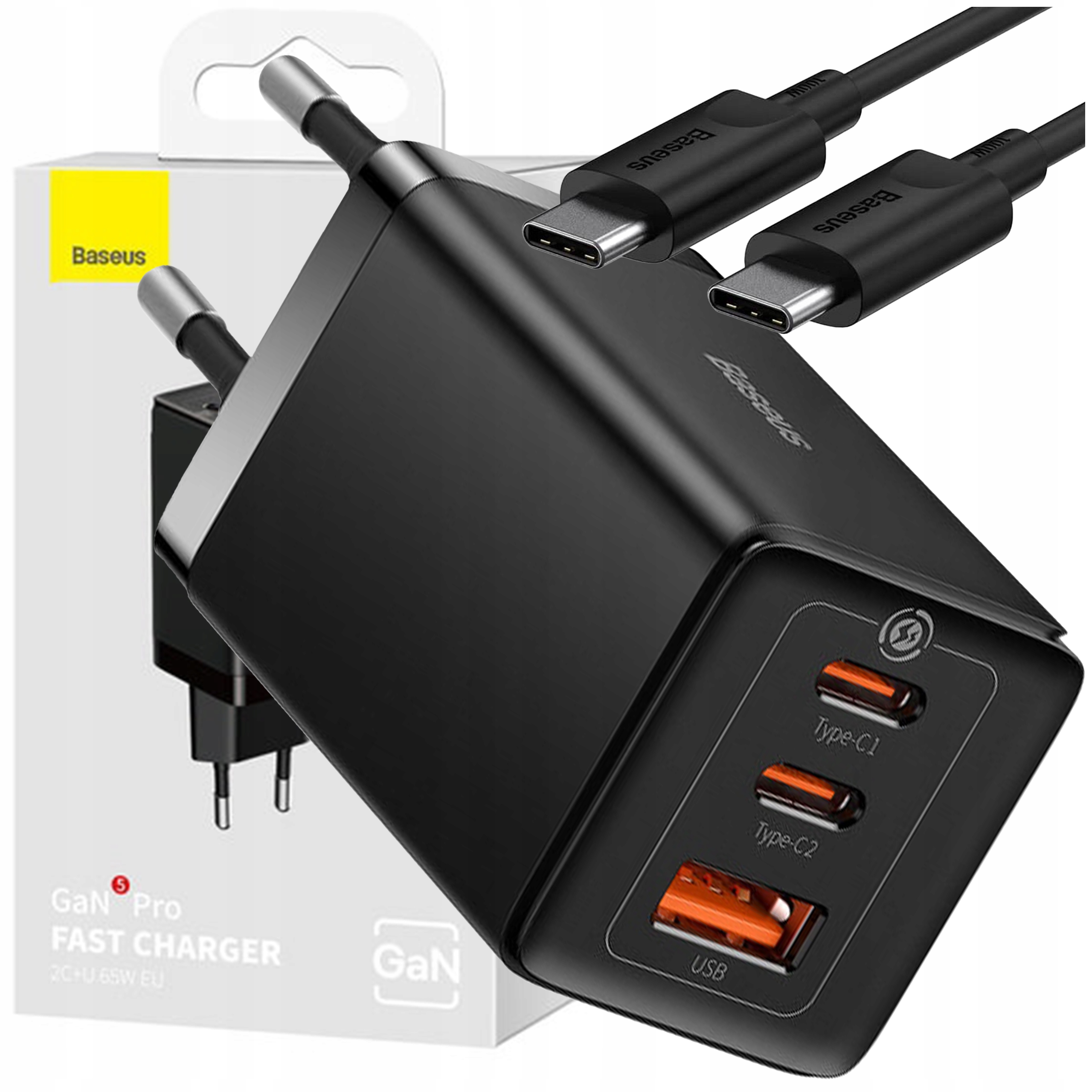 Baseus Rýchla Nabíjačka Sieťová 3 Porty Usb 2x Usbc Napájací Adaptér 65W Pd Qc GaN