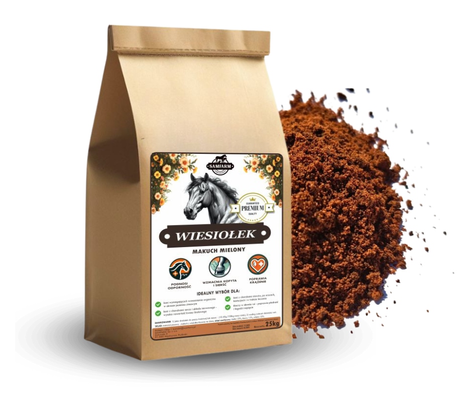 Makuch z wiesiołka 25kg mielony naturalny suplement dla koni Samfarm