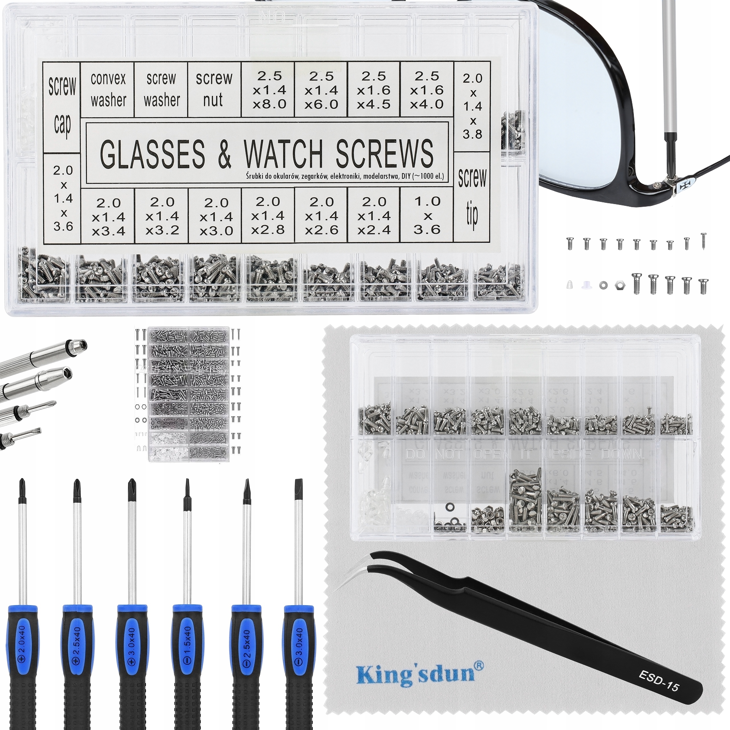 Zestaw do naprawy okularów i zegarków Reball 1000 el. z wkrętakami i pęsetą