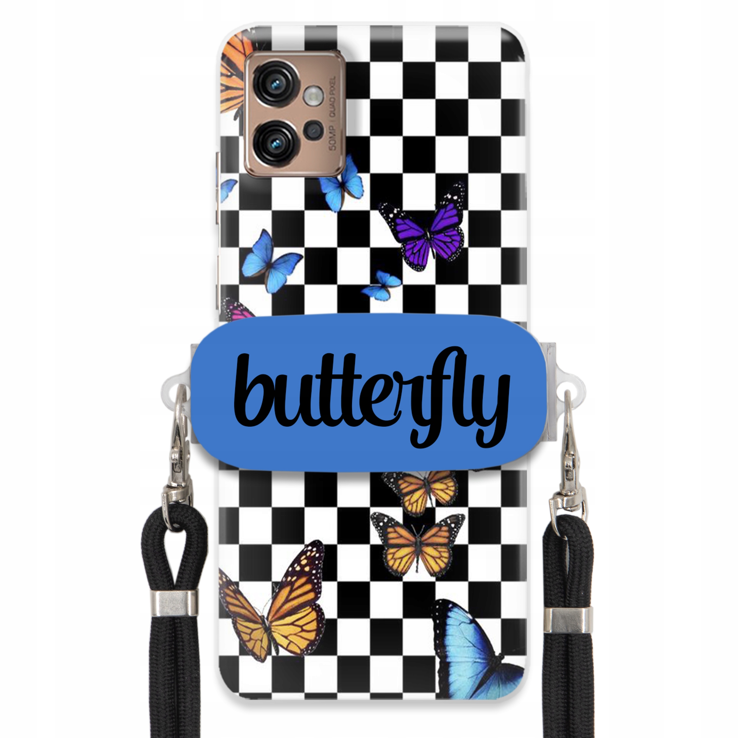 Puzdro Pre Motorola G32 Puzdro Obdĺžnikový Držiak Čierne Vodítko Butterfly Motýle