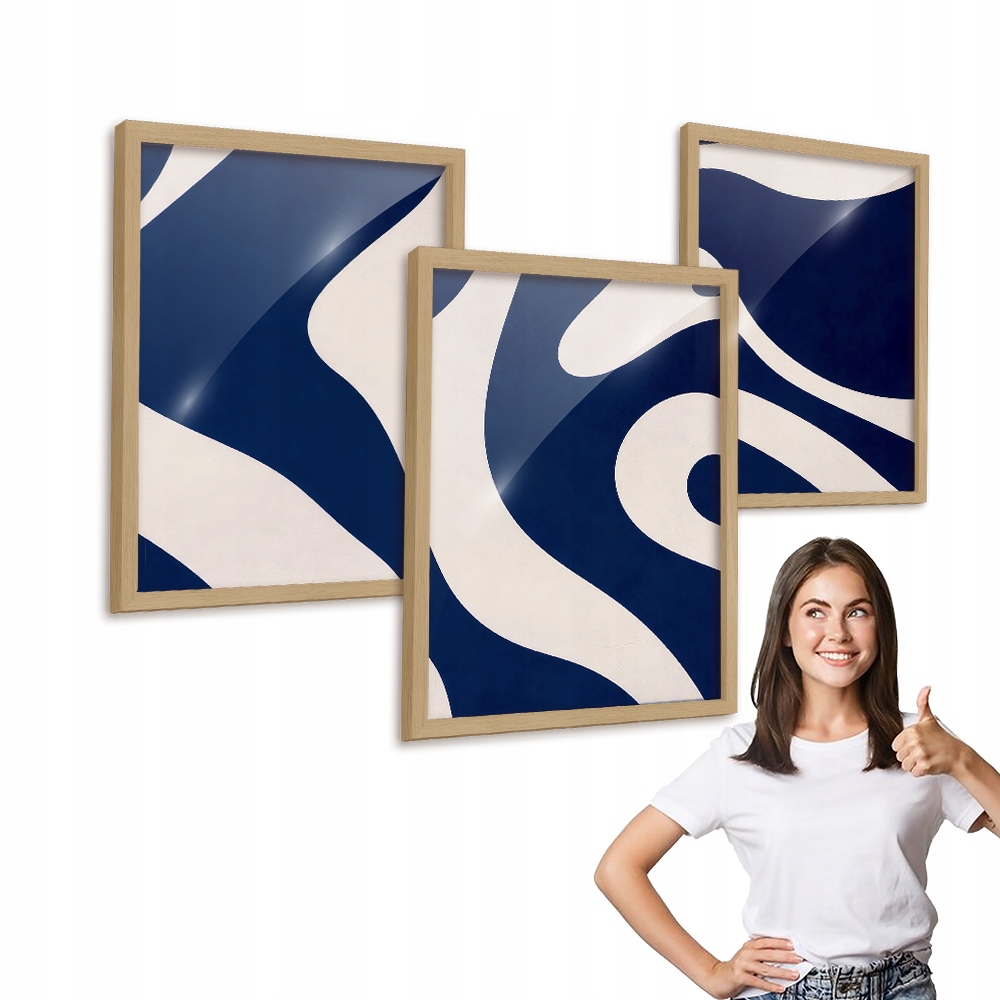 Sada 3 obrazů Tmavě Modrá Abstrakce, dřevěný rámeček 50x70 do obývacího pokoje