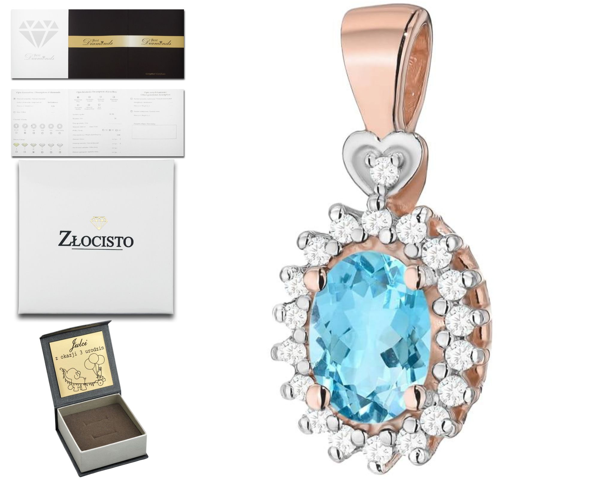 Růžové Zlato Přívěsek Briliant Přírodní Kámen Topaz 585 Dárek
