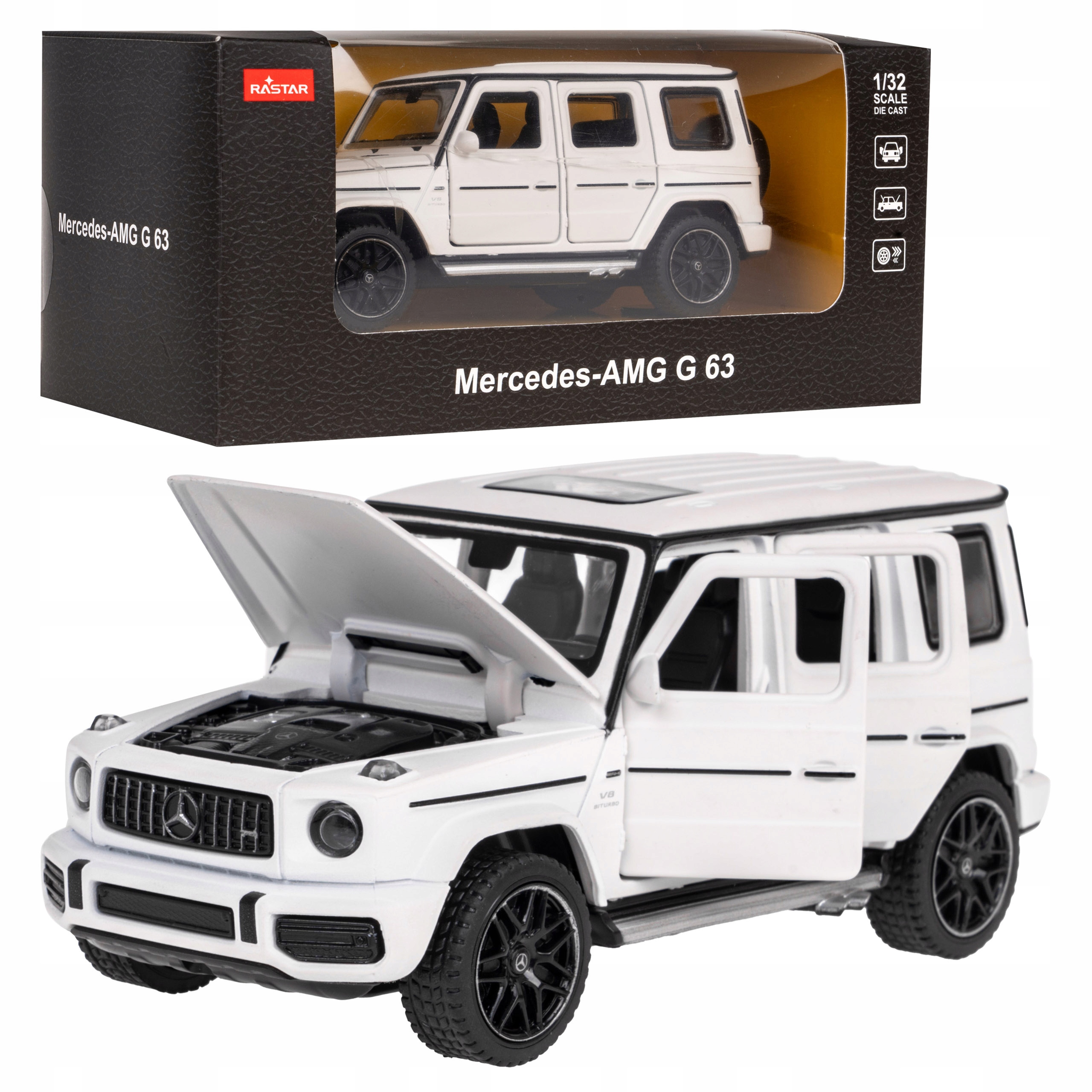 Model metalowy auto Mercedes-AMG G 63 biały RASTAR 1:32 otwierane drzwi