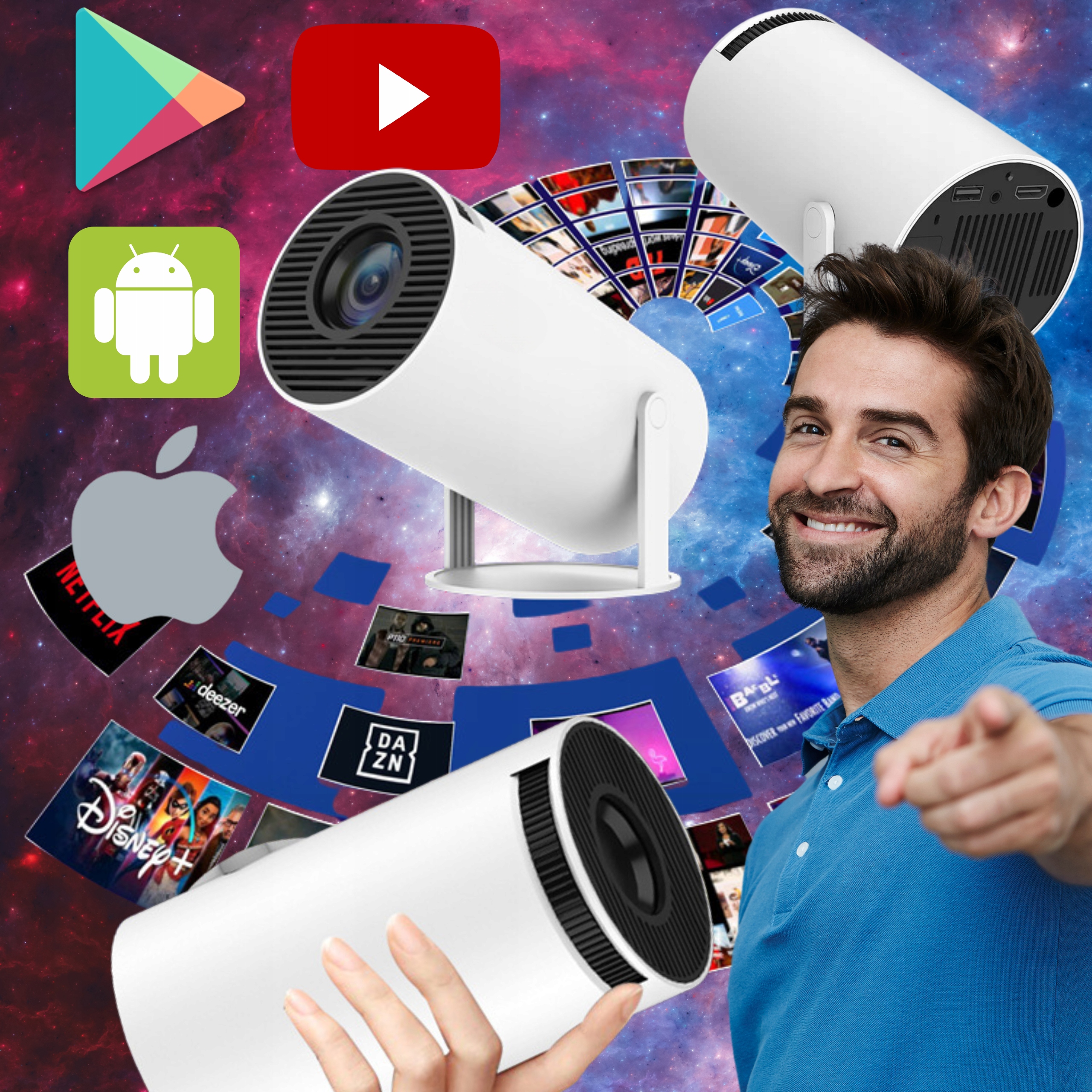 MINI PRZENOŚNY OBROTOWY PROJEKTOR FULL HD + SMART TV BOX Android GŁOŚNIK Marka Magcubic