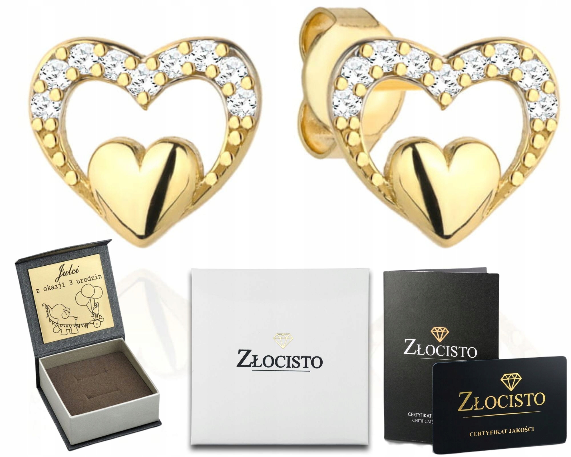 Zlaté Náušnice Srdíčka Se Zirkony 585 Ryzost 14K Tyčinky Dárek Gravírování
